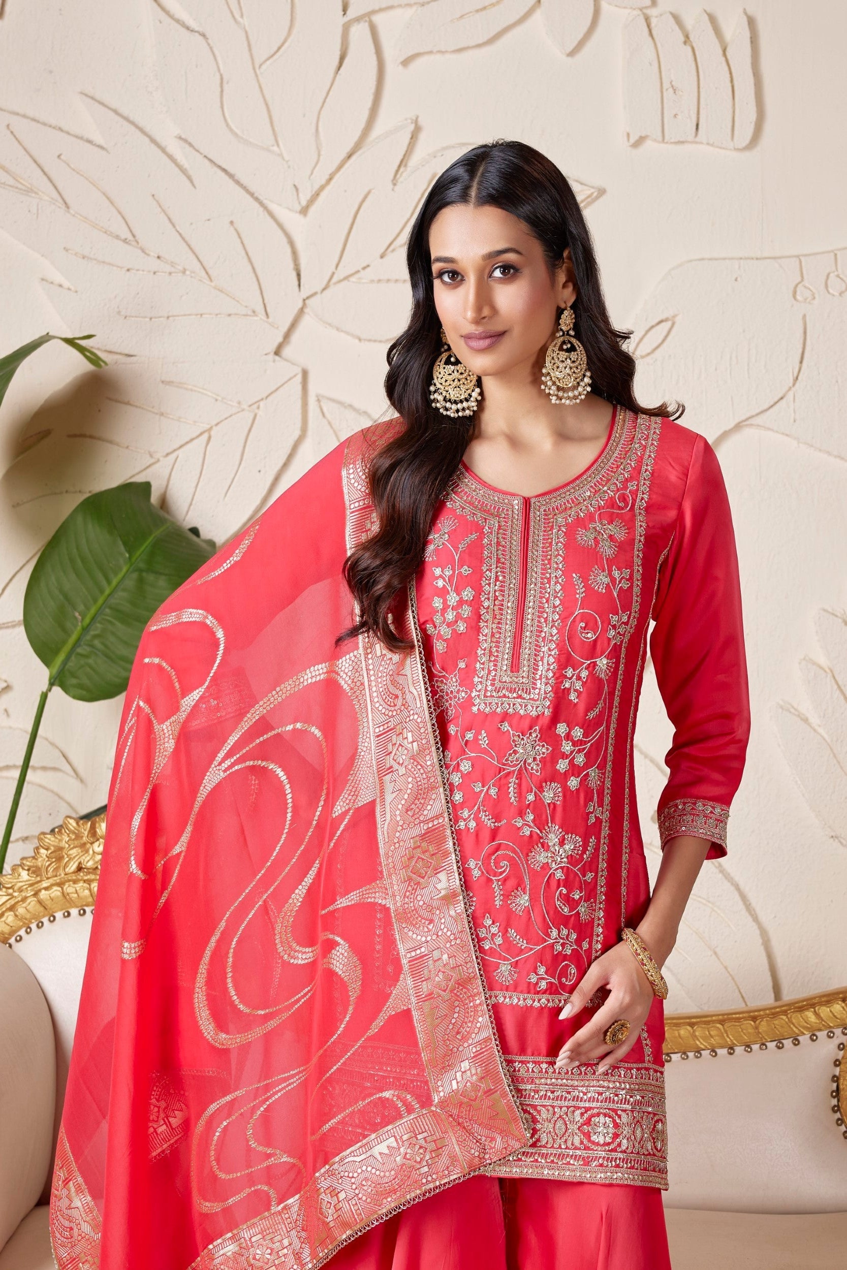 Coral Pink Embellished Premium Silk Sharara Set