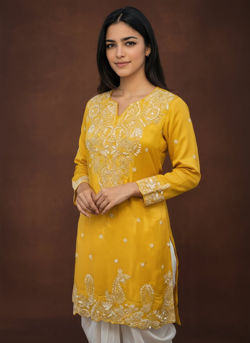 Saffron Yellow Embellished Chinon Silk Dhoti Set