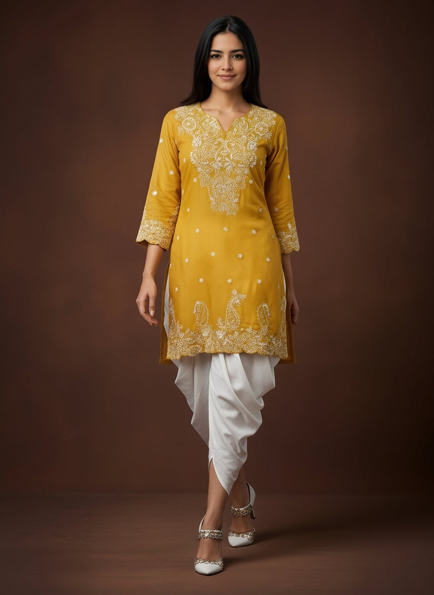 Saffron Yellow Embellished Chinon Silk Dhoti Set
