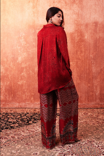 Garnet Red Ajrakh Printed Premium Silk Co-Ord Set