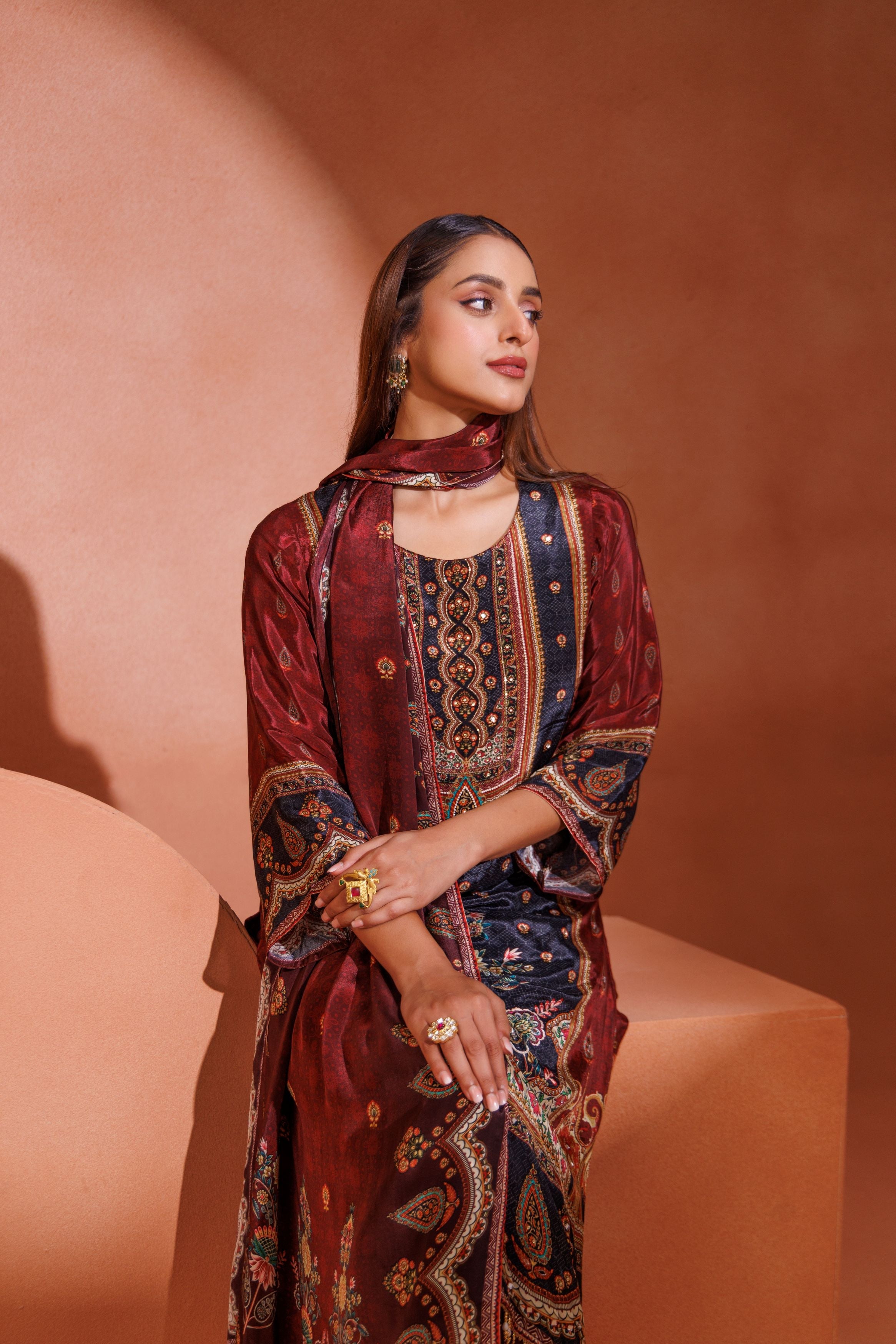 Embroidered Maroon & Charcoal Lawn Pant Set