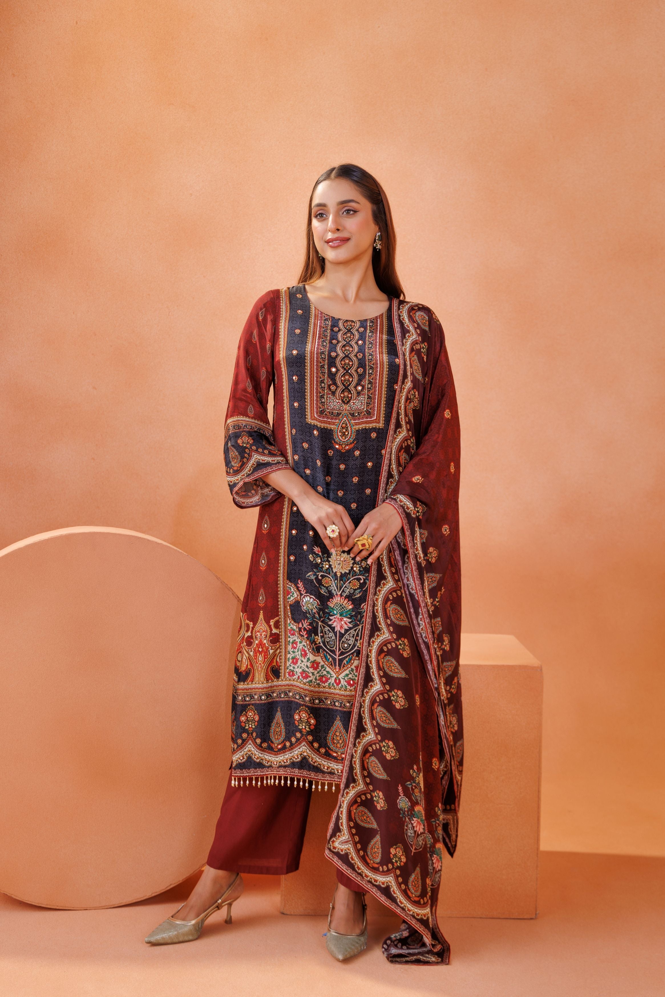 Embroidered Maroon & Charcoal Lawn Pant Set