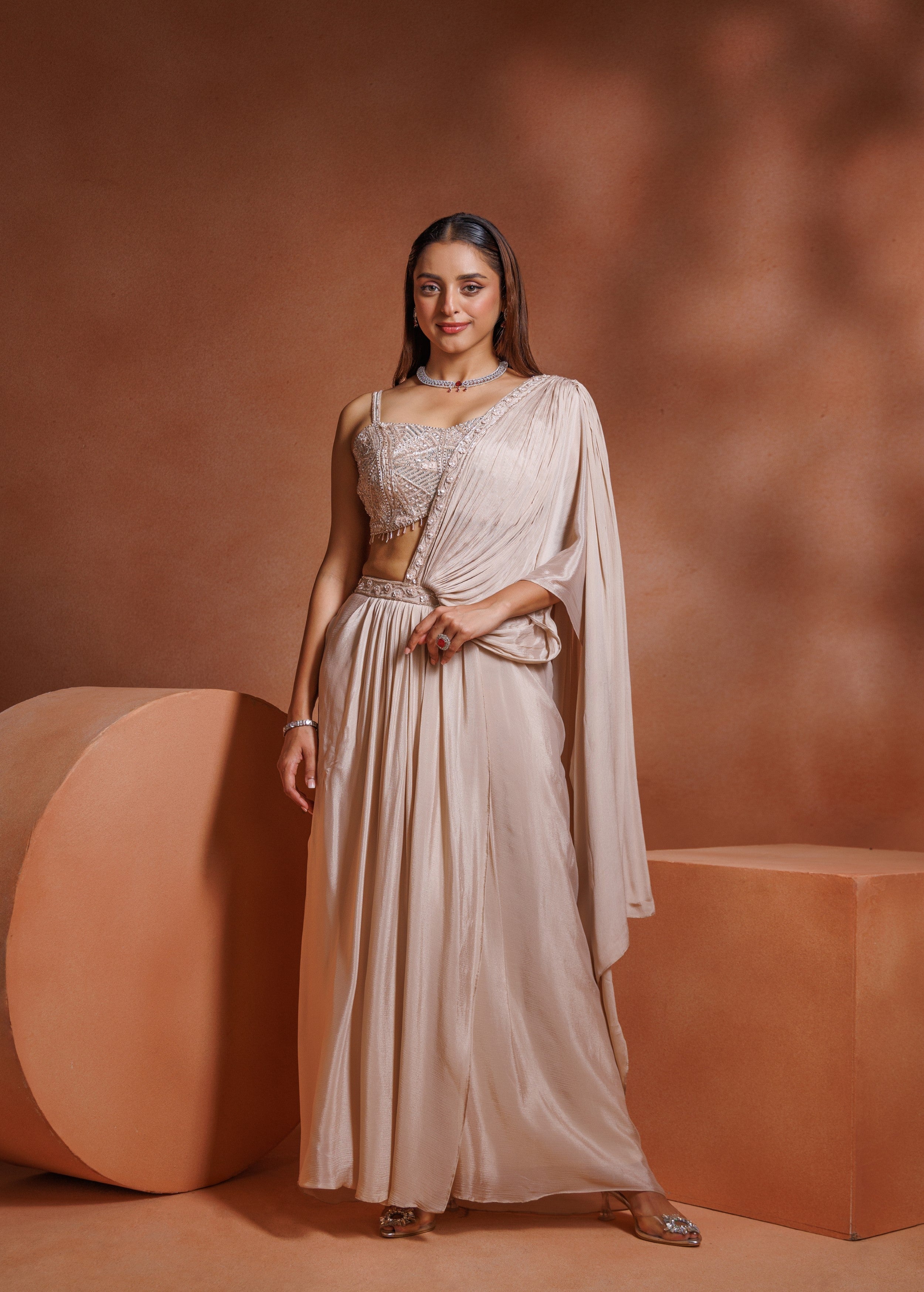Champagne Beige Embellished Chinon Silk Drape Skirt Set