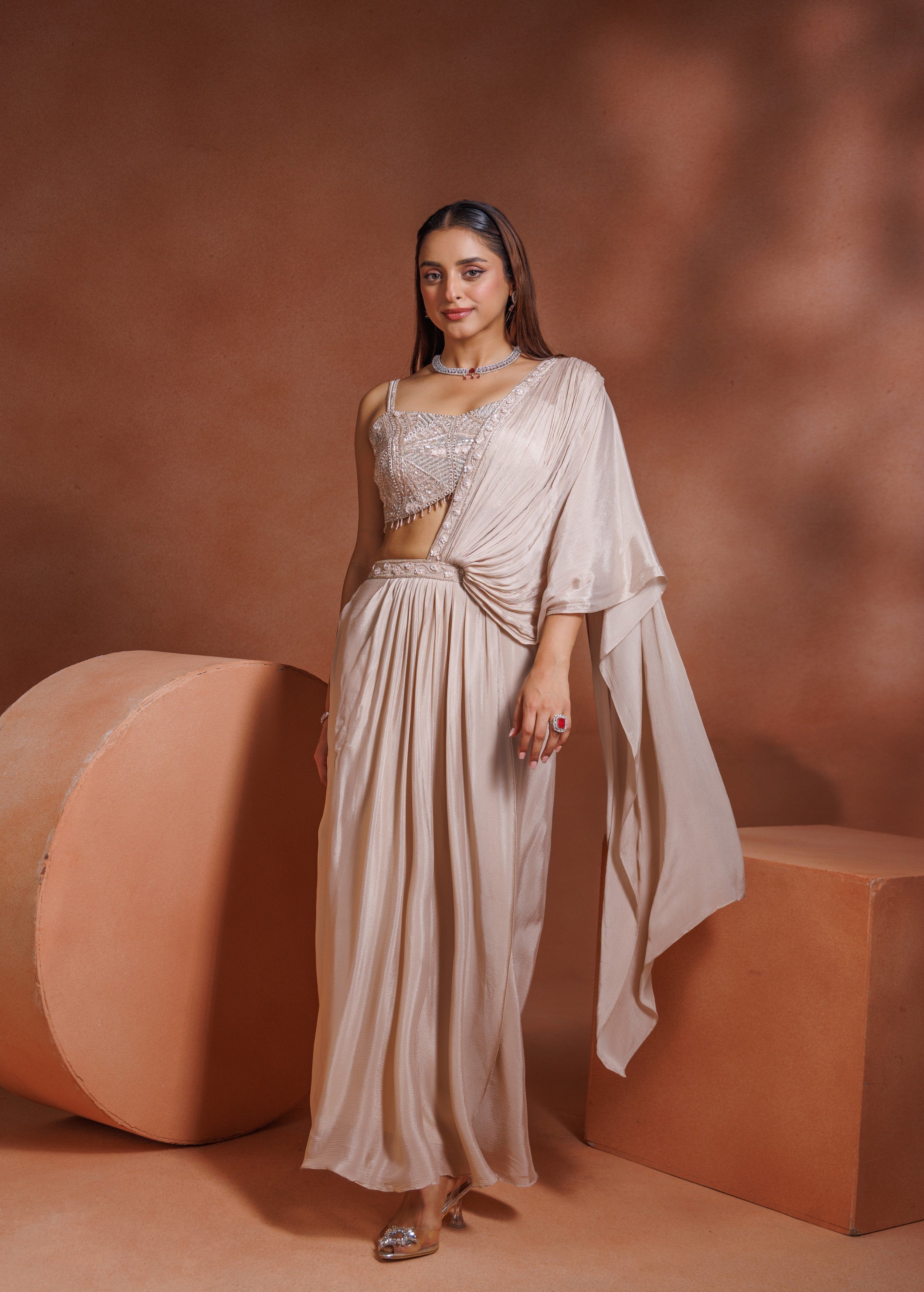 Champagne Beige Embellished Chinon Silk Drape Skirt Set