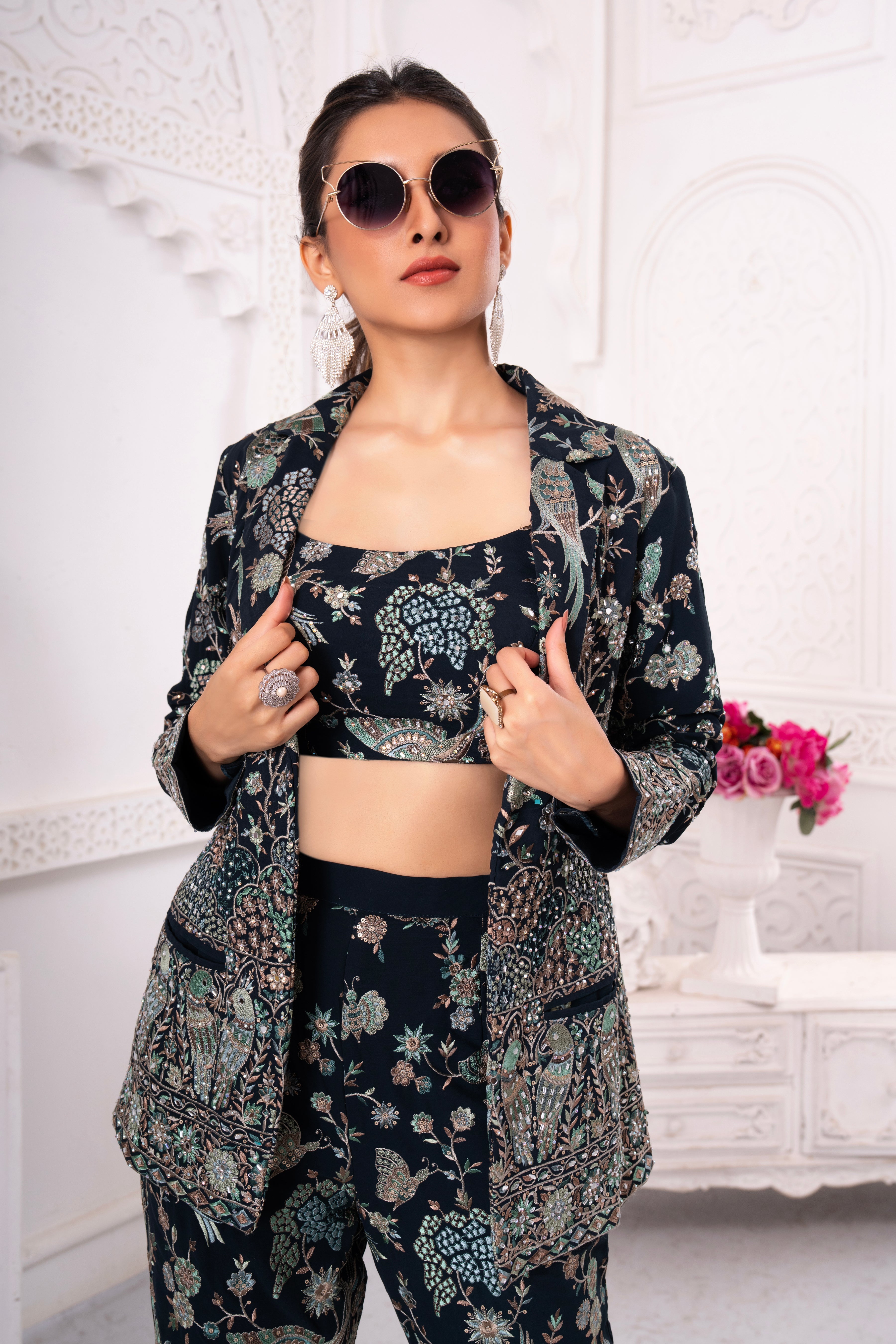 Blue Floral Handwork Blazer Co-Ord Set
