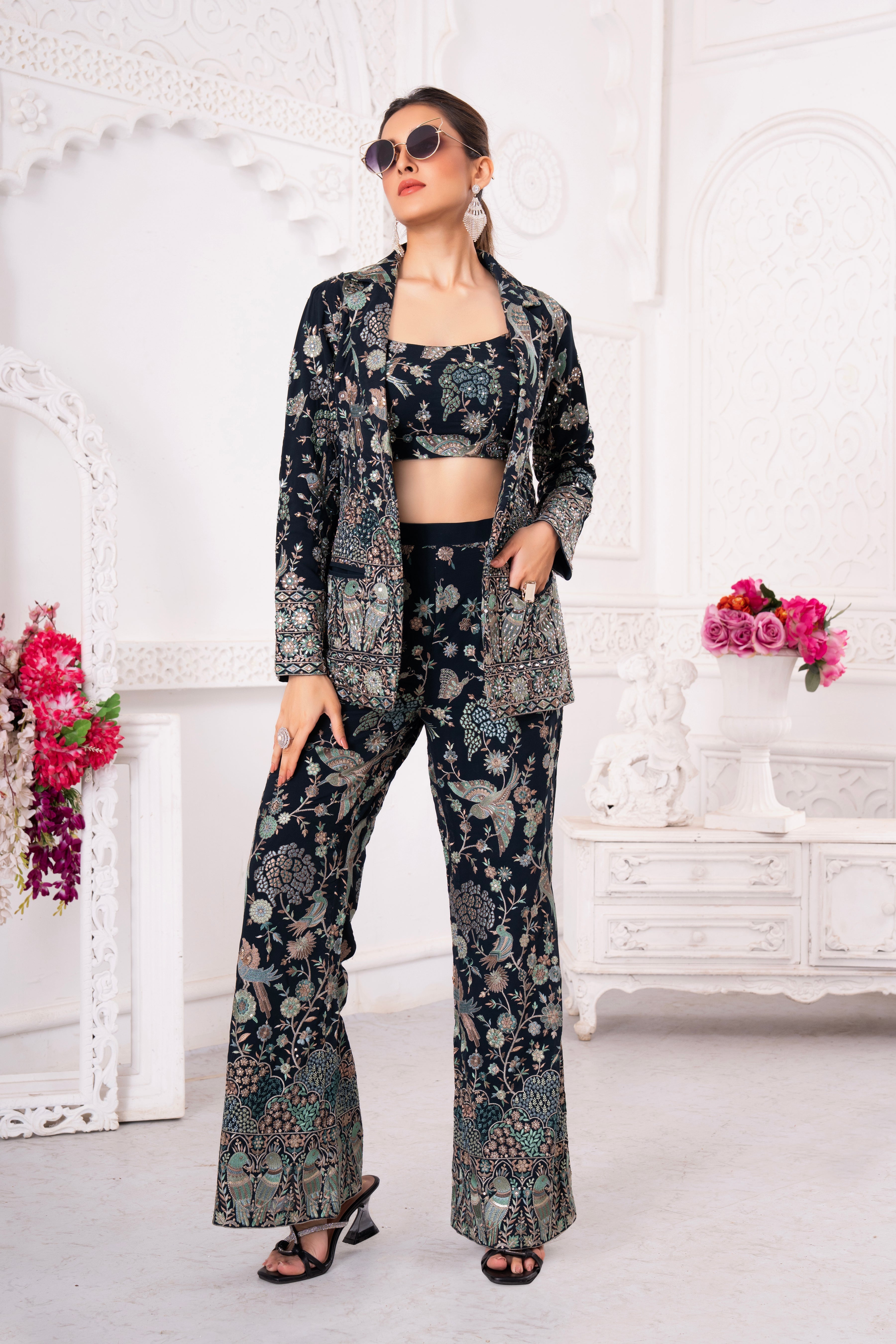 Blue Floral Handwork Blazer Co-Ord Set