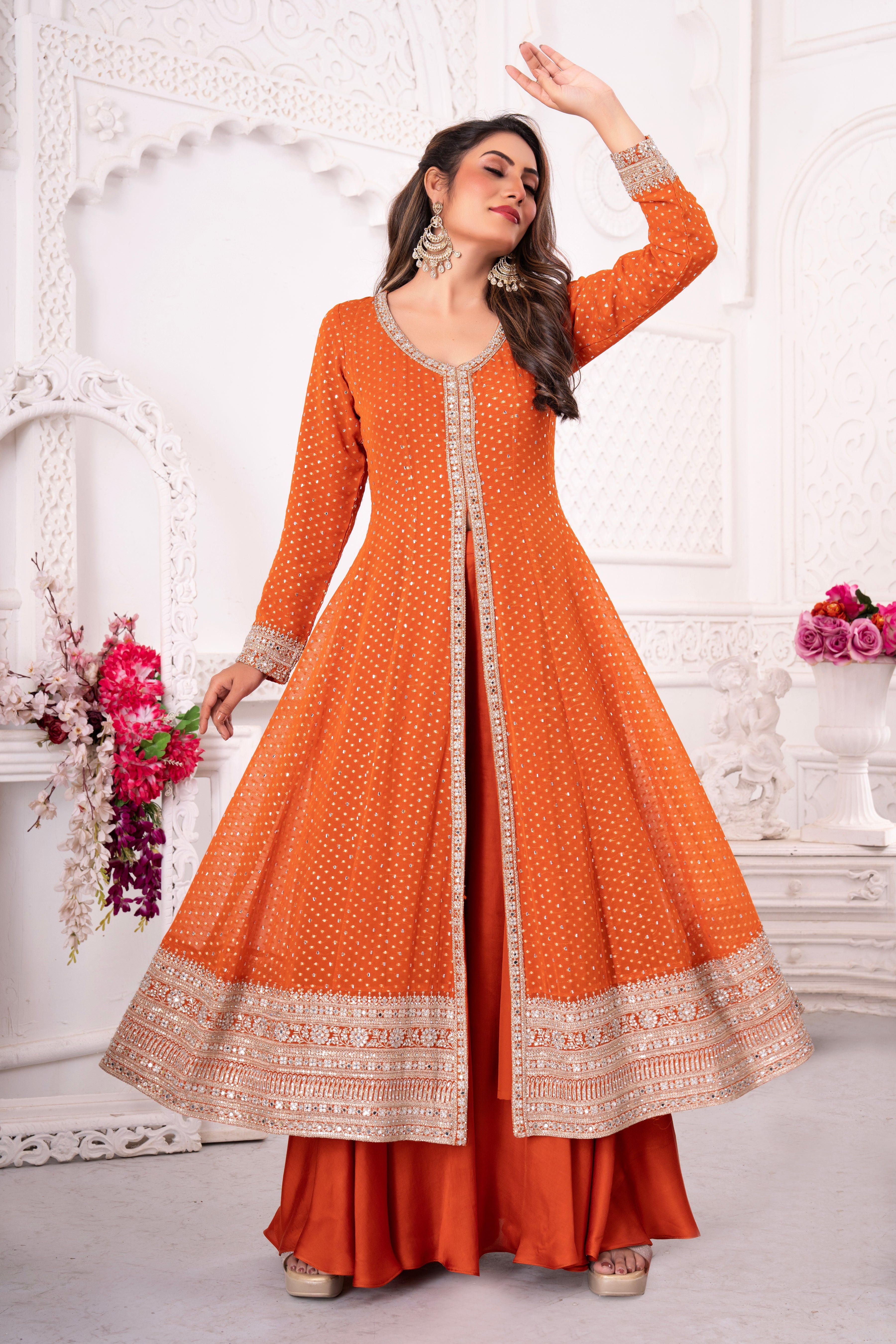 Orange Golden Embellished Anarkali Set