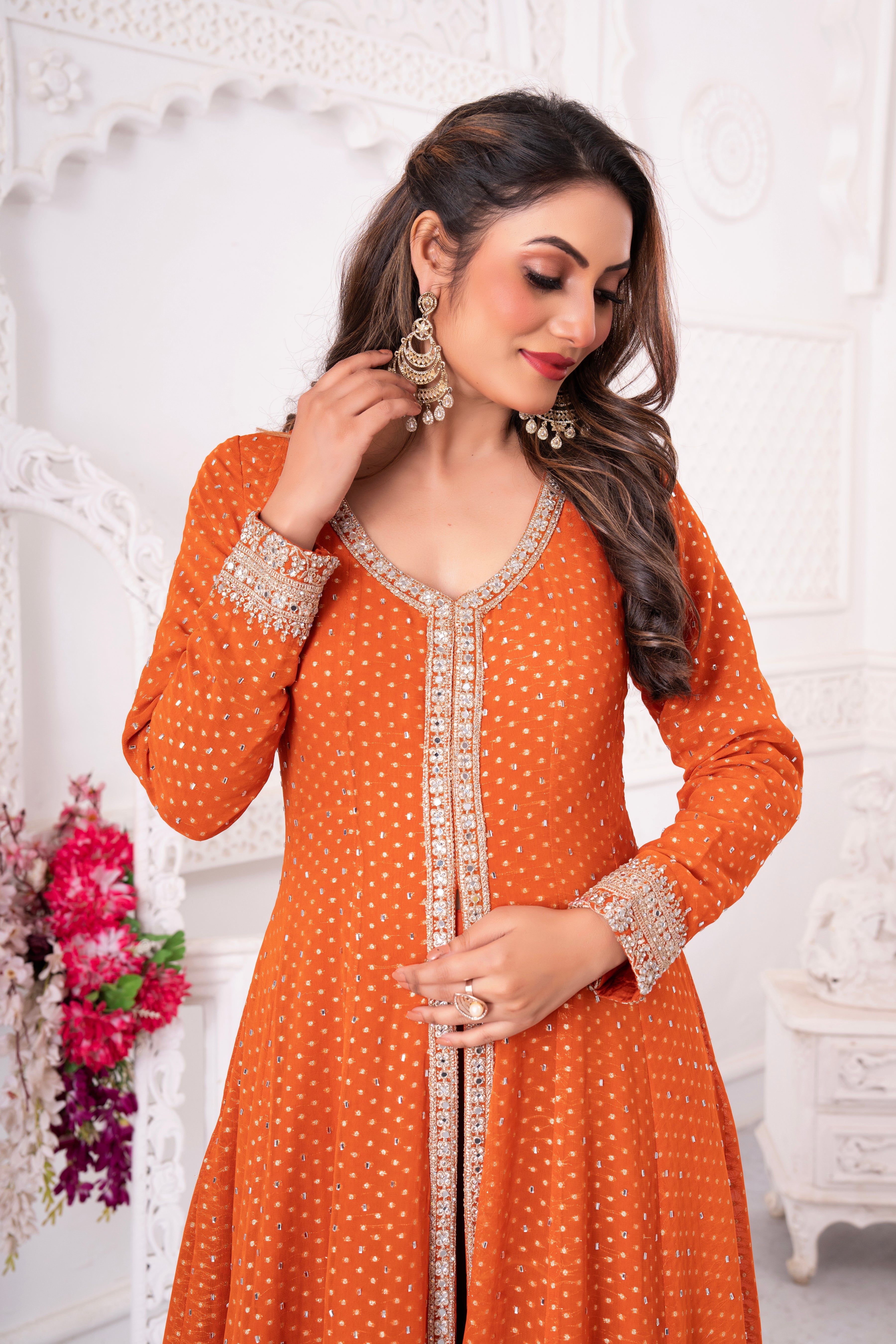 Orange Golden Embellished Anarkali Set