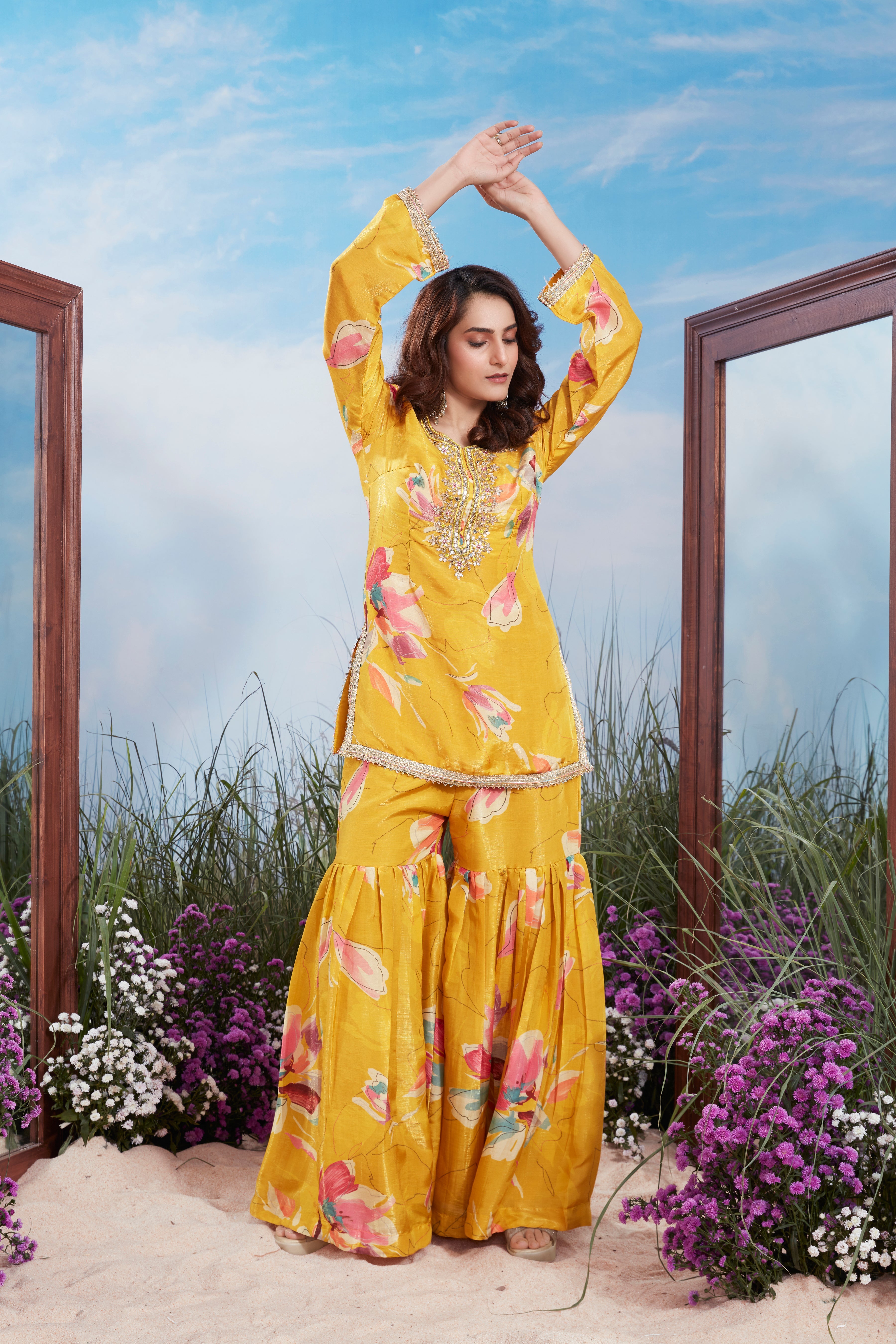 Golden Yellow Printed Shimmer Tissue Silk Sharara Set