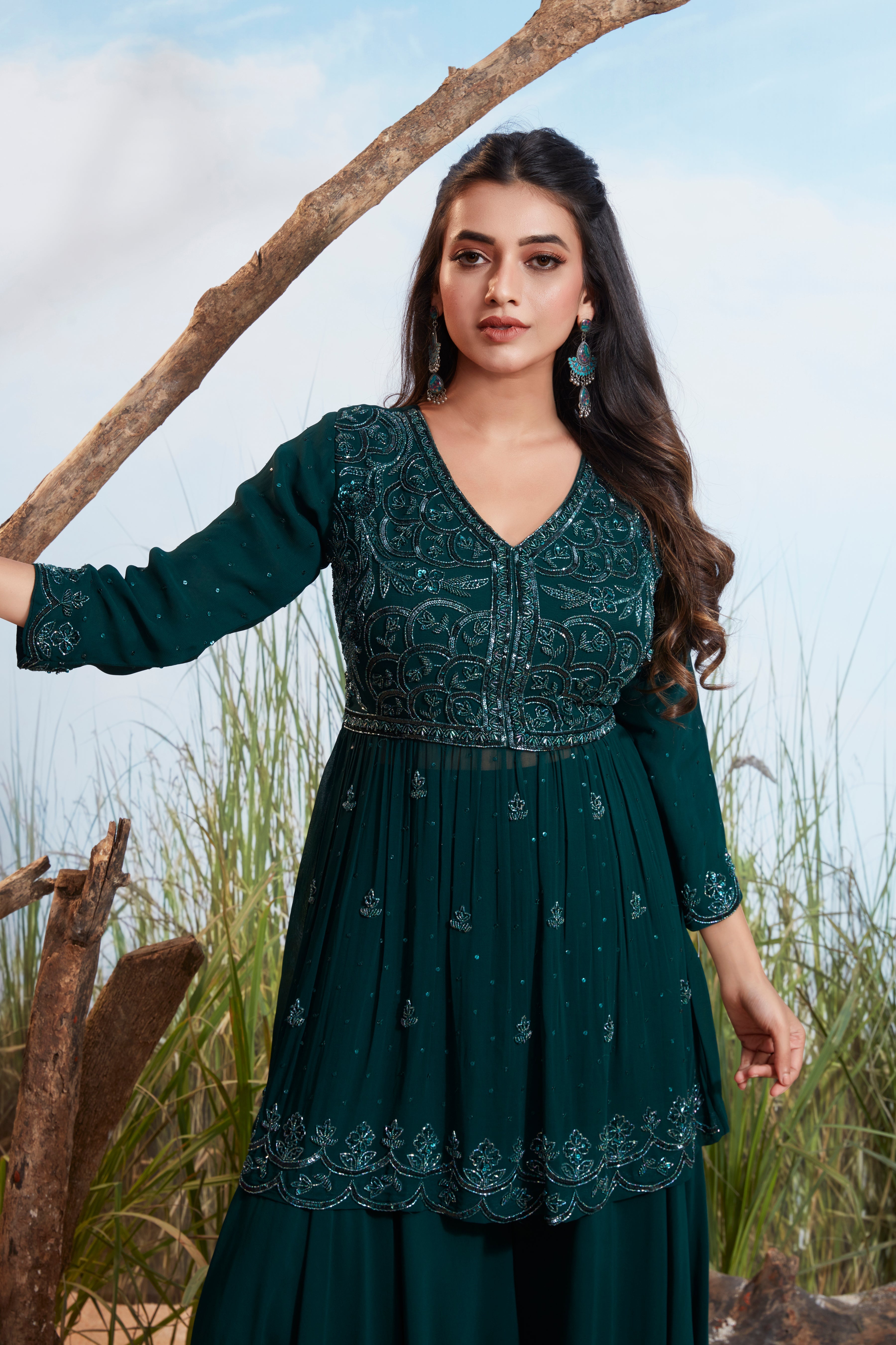 Deep Teal Green Embellished Georgette Silk Palazzo Set