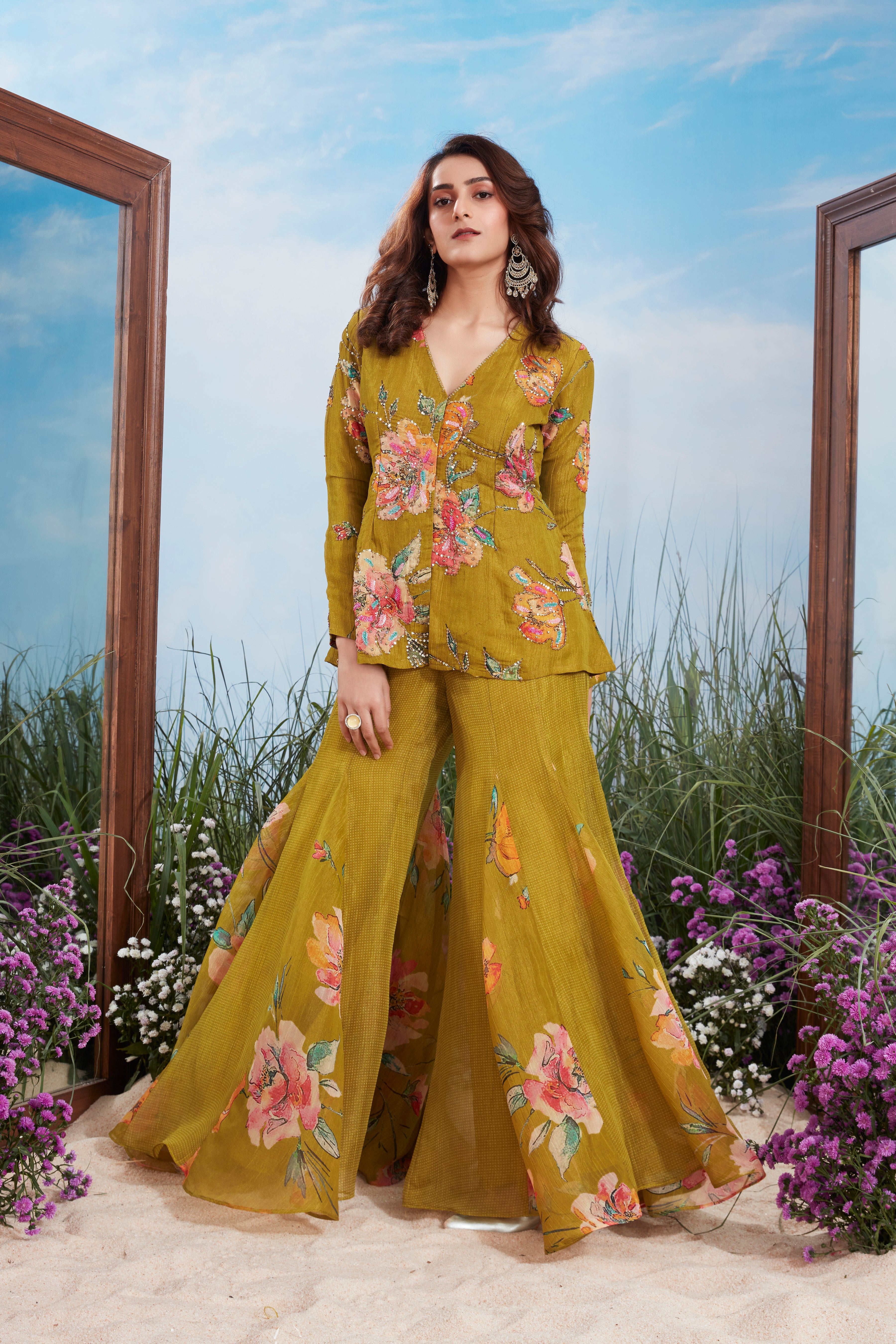 Olive Mustard Embellished Crushed Tissue Silk Sharara Set