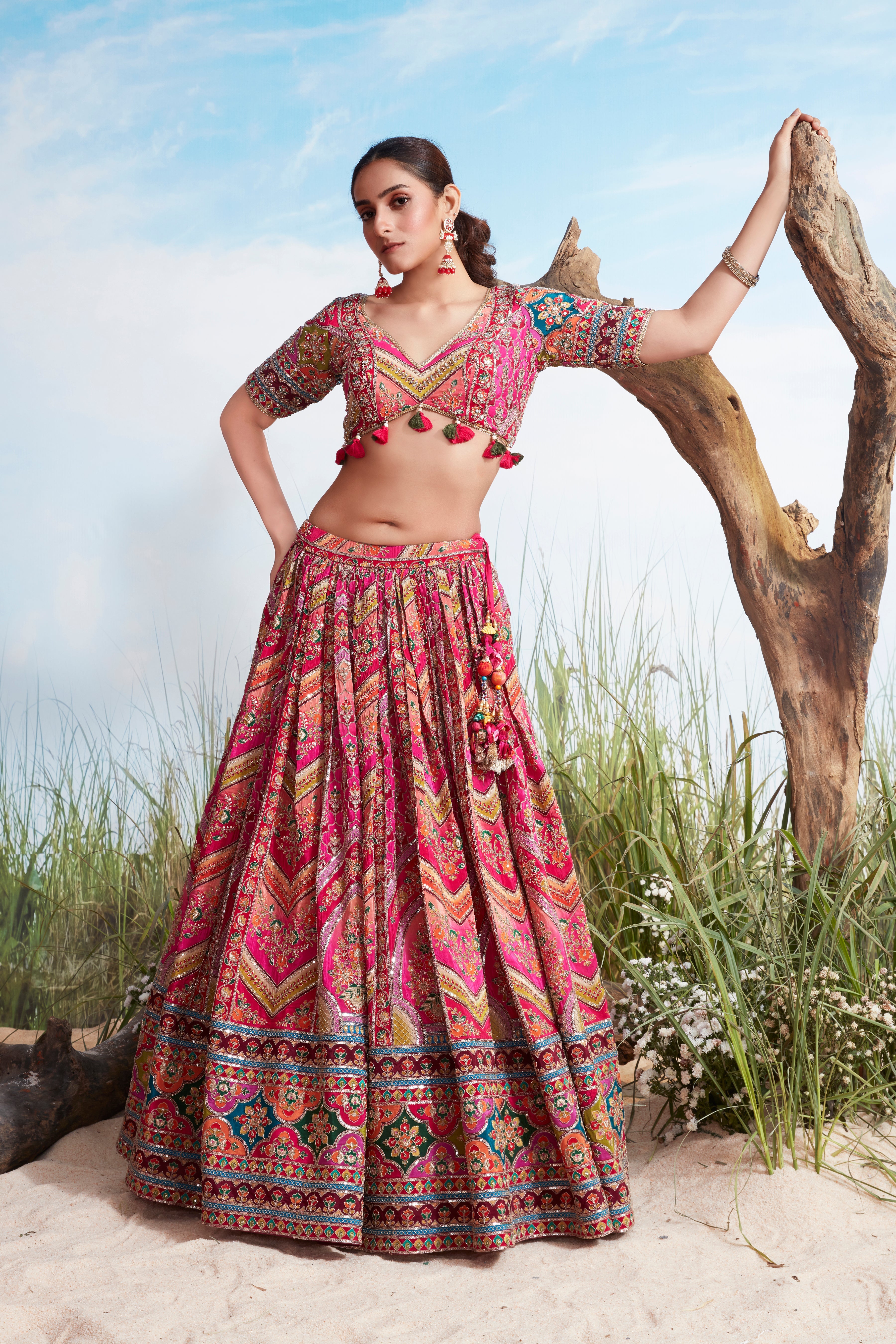 Multi-Color Printed Crepe Silk Lehenga Set