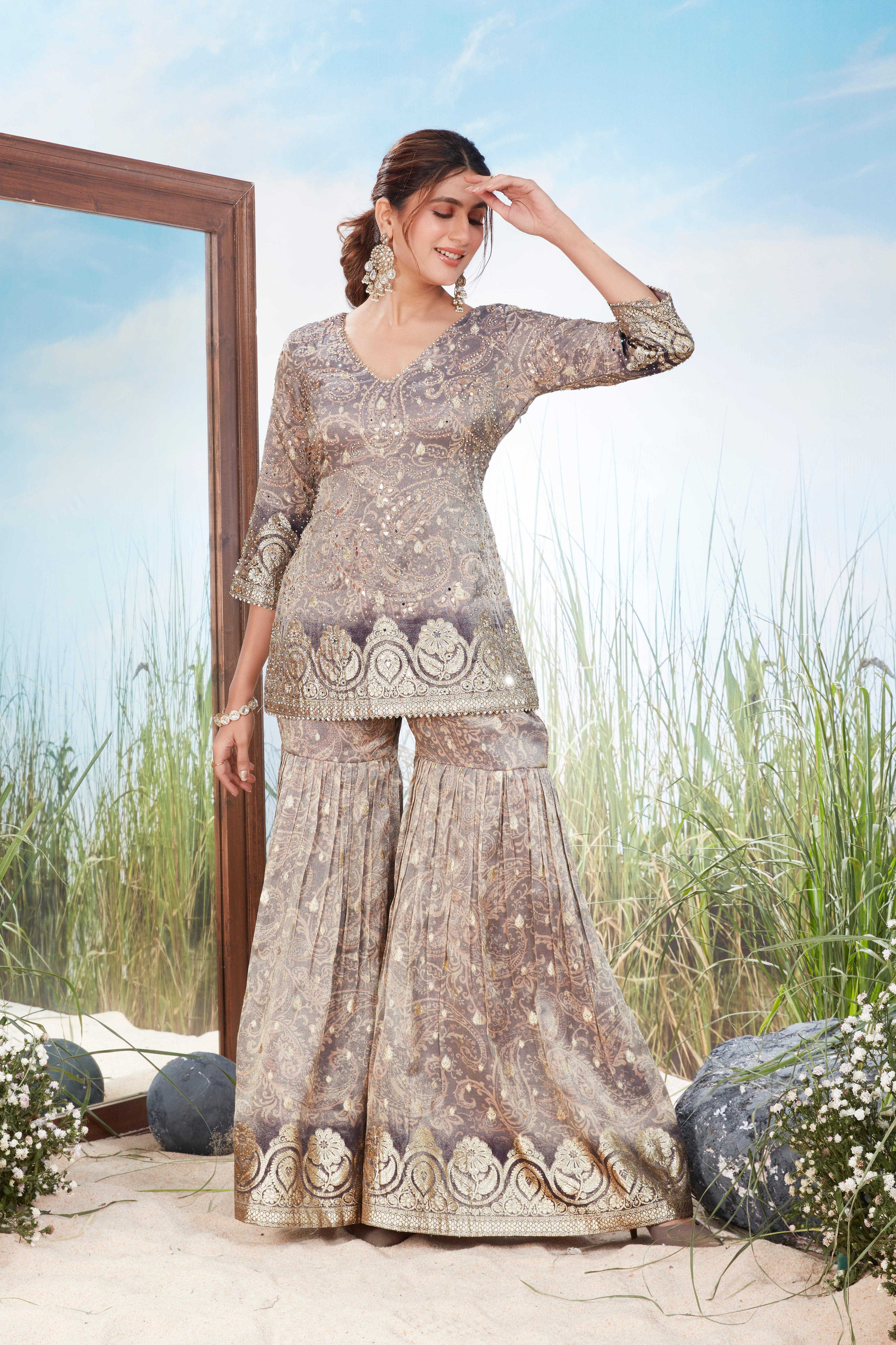 Silver-Grey Embellished Shimmer Tissue Silk Sharara Set