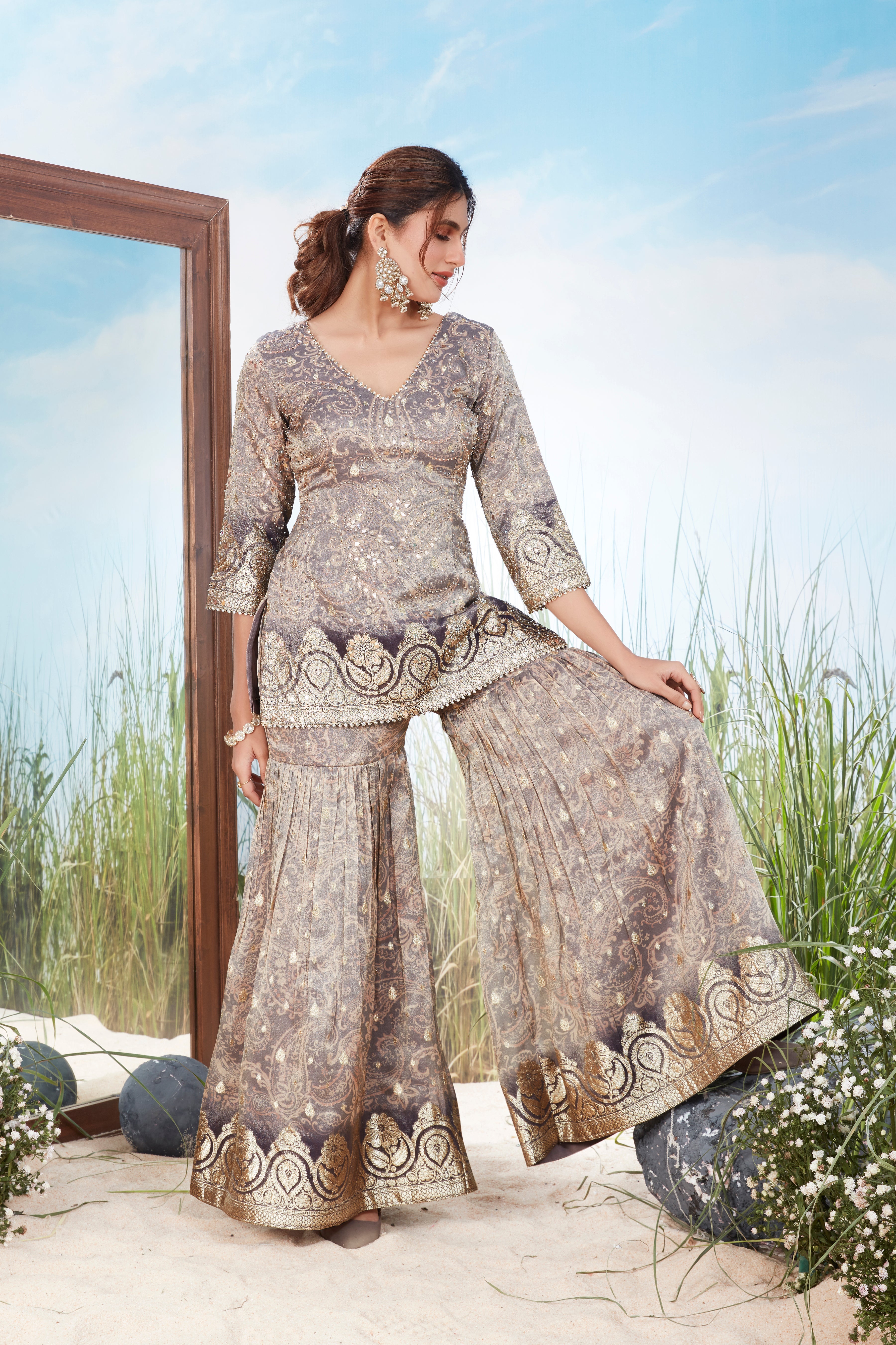 Silver-Grey Embellished Shimmer Tissue Silk Sharara Set