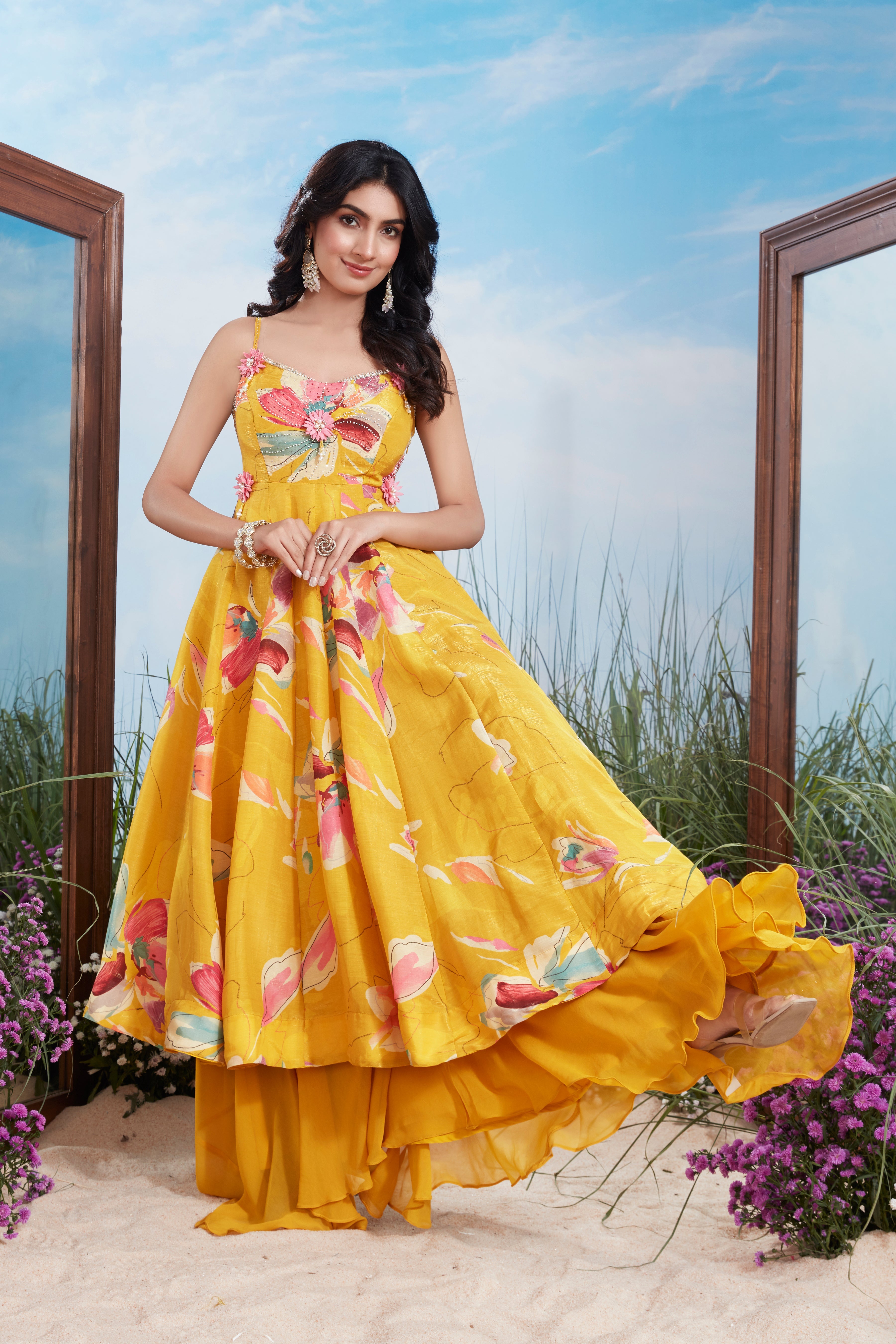 Sunshine Yellow Floral Printed Premium Silk Palazzo Set