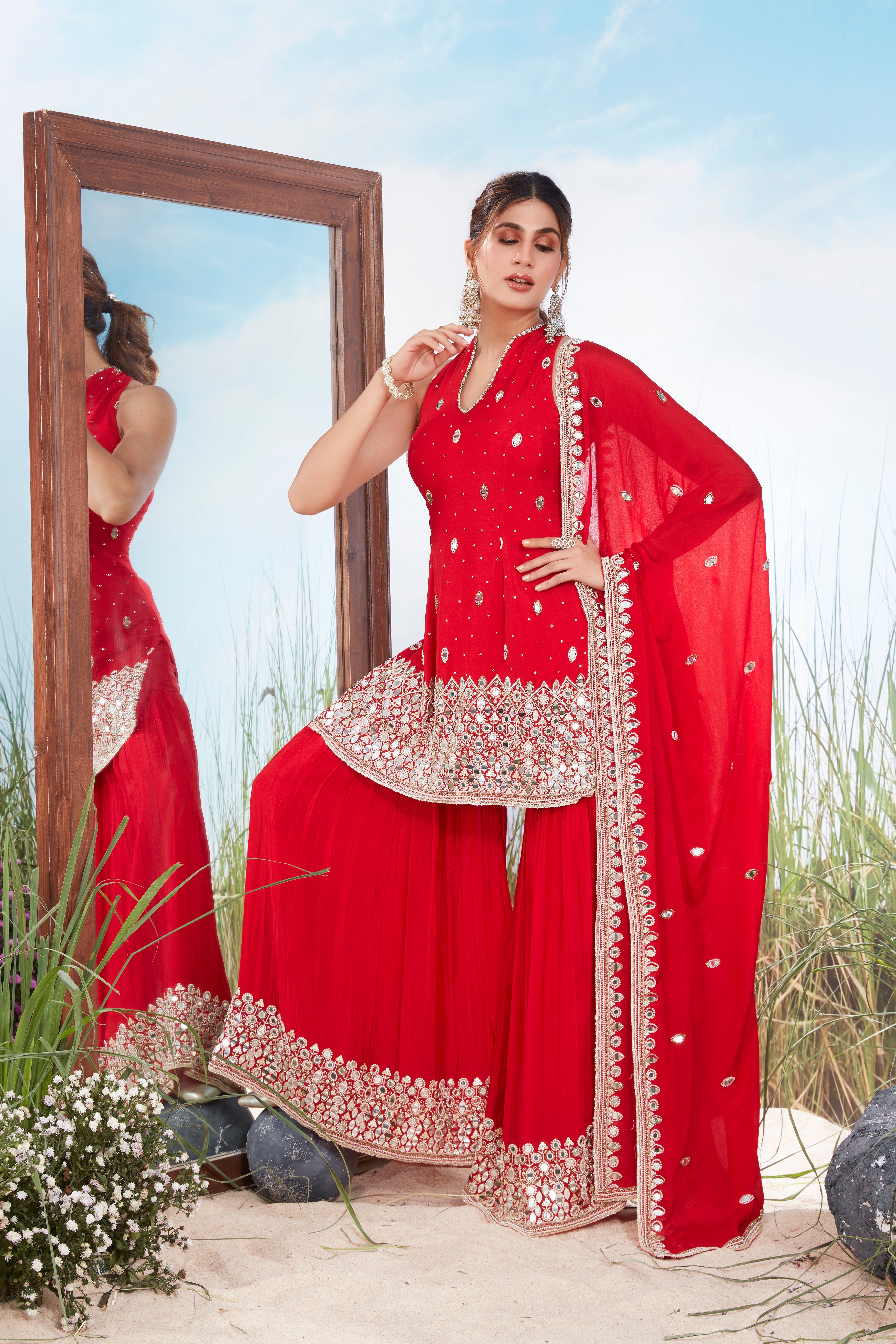Rich Red Embellished Georgette Silk Palazzo Set