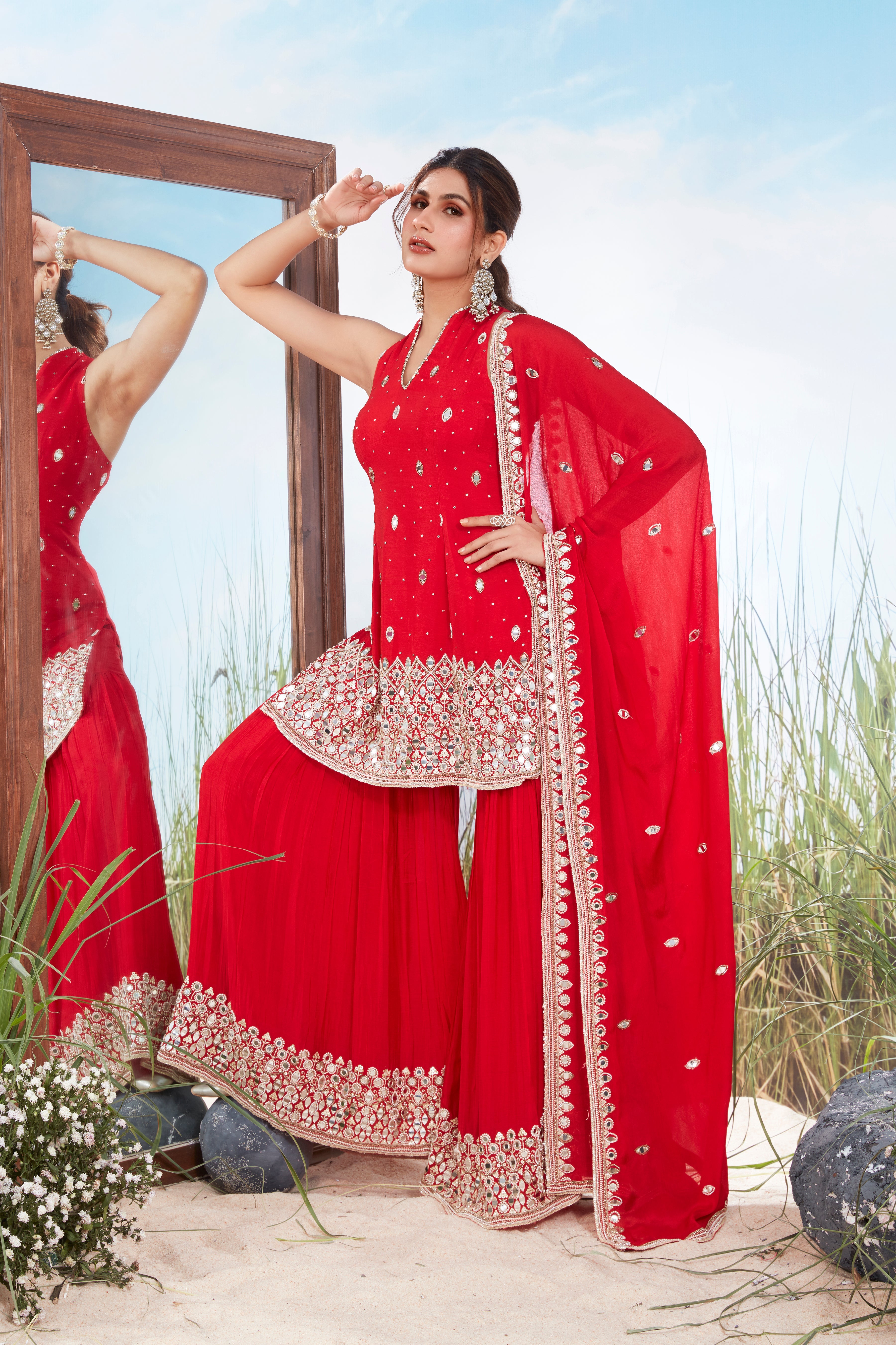 Rich Red Embellished Georgette Silk Palazzo Set