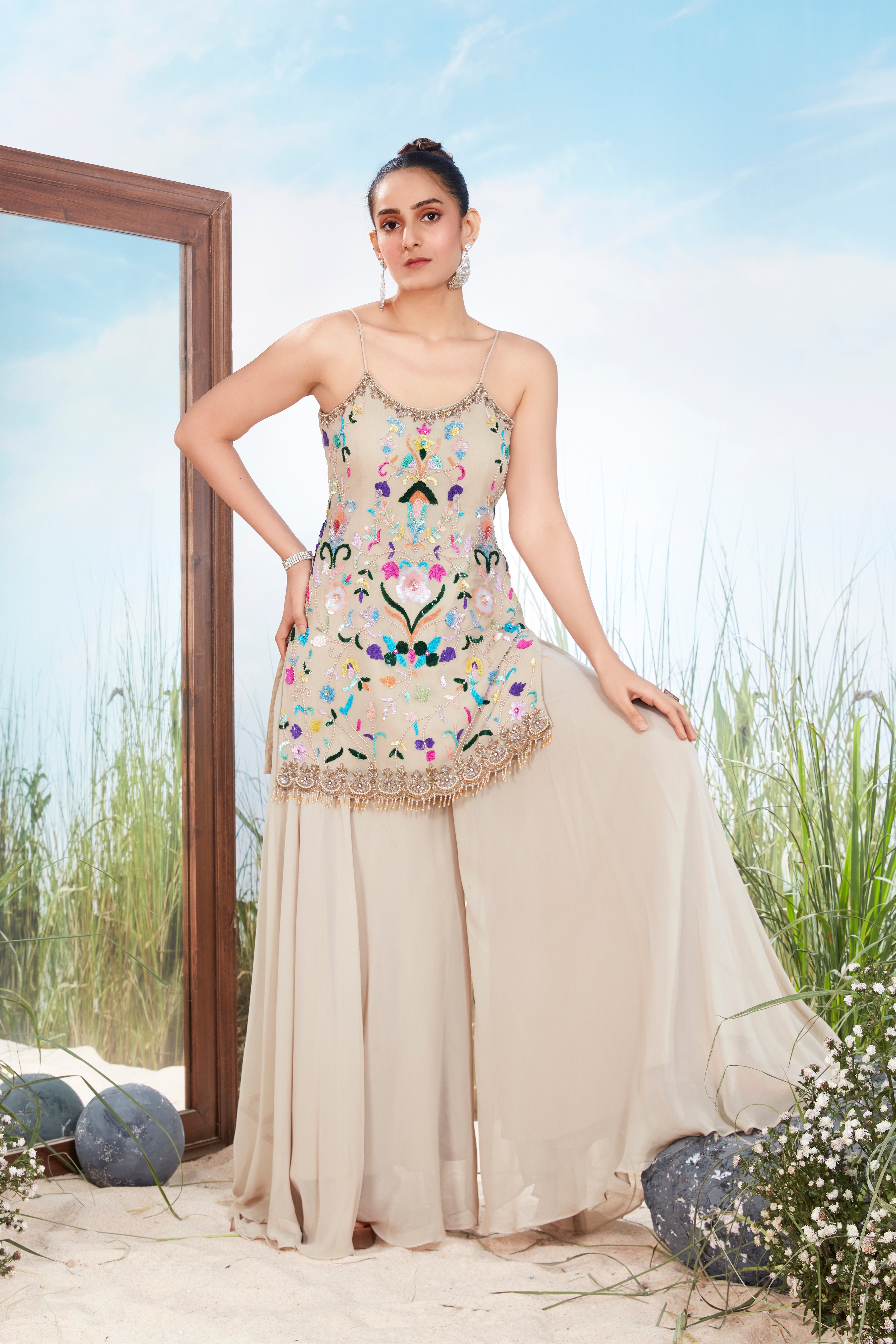 Nude Beige Embellished Georgette Silk Palazzo Set