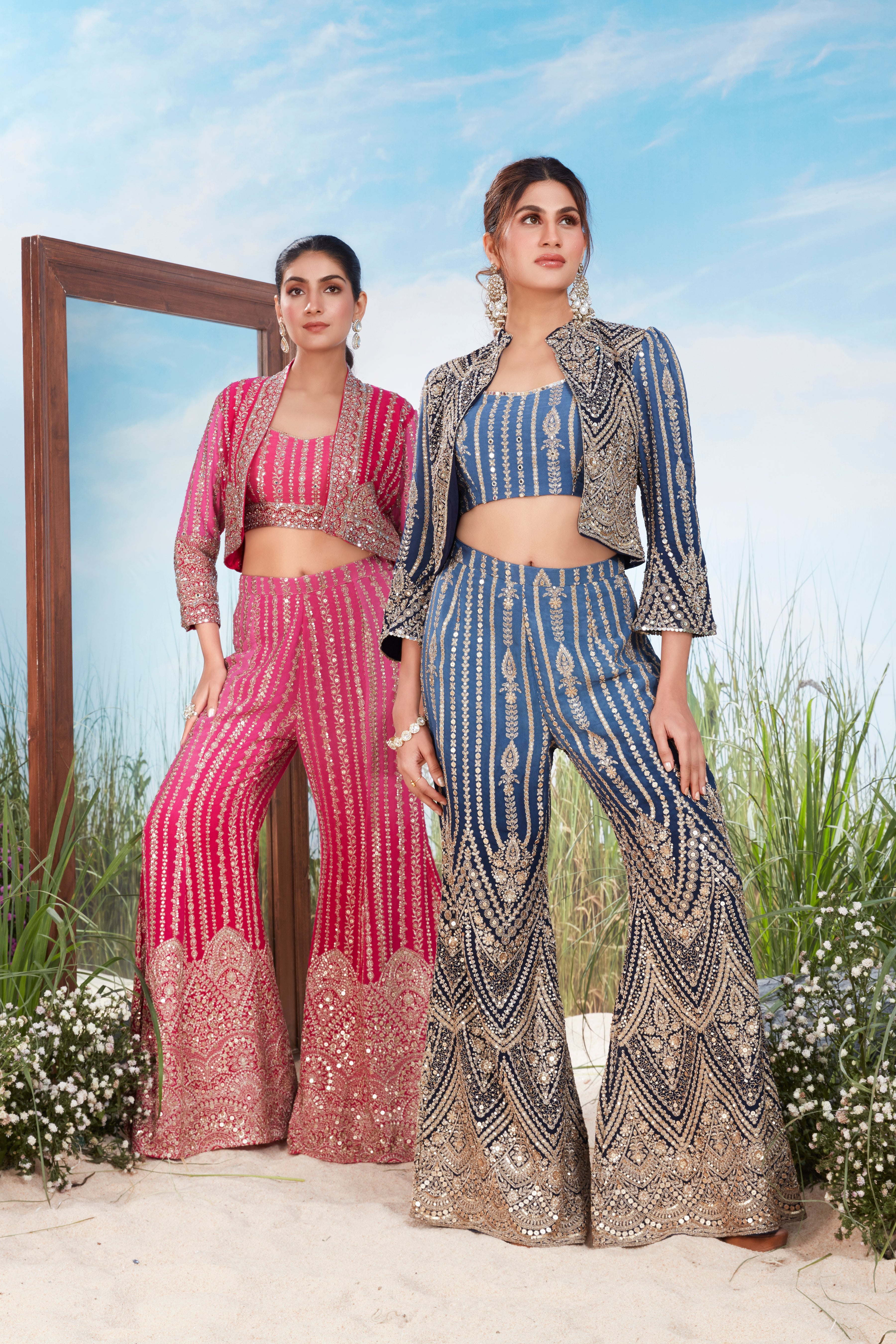 Hot Pink Embellished Georgette Silk Jacket Set