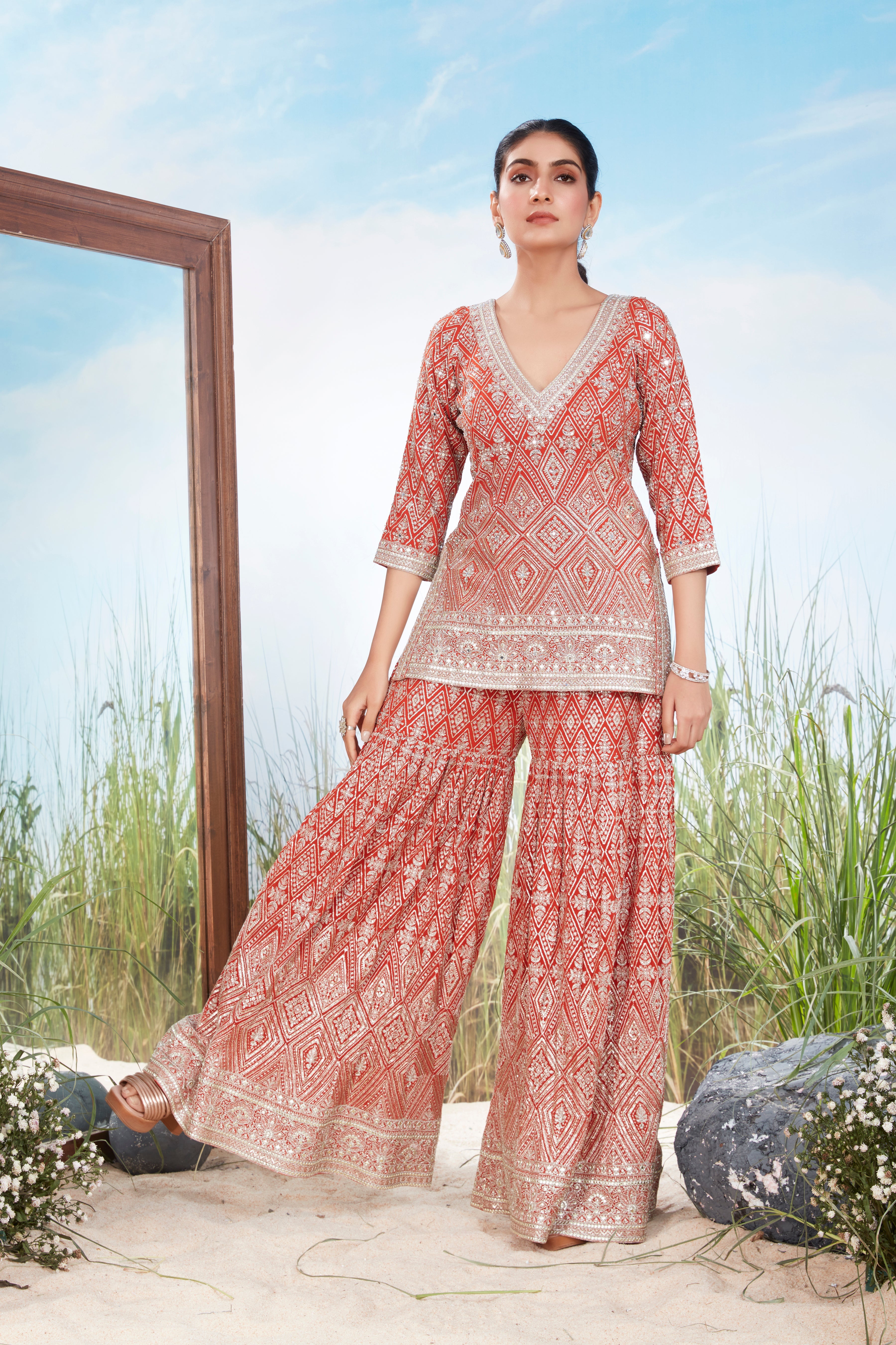 Rust Orange Embellished Georgette Silk Sharara Set