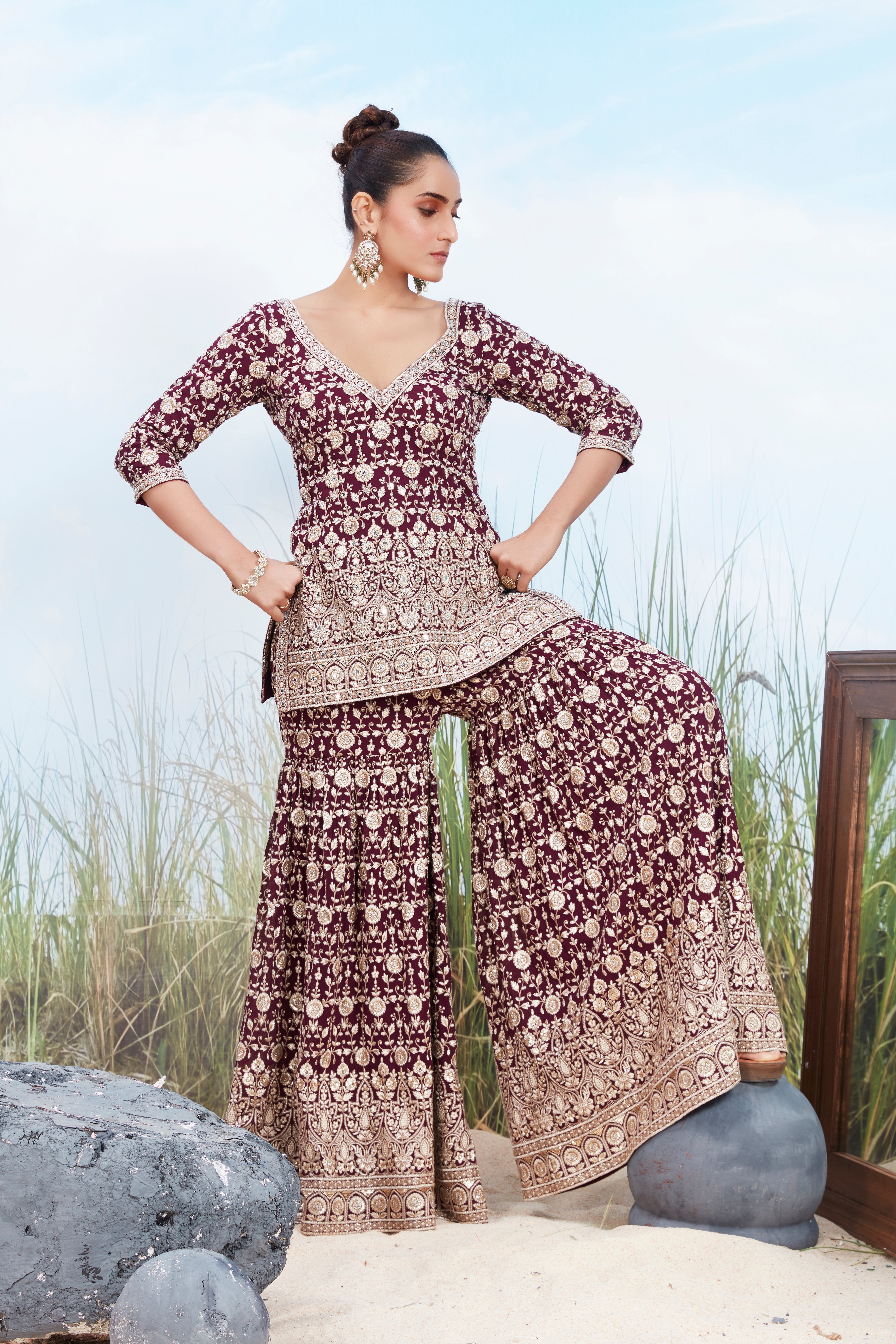 Burgundy Embellished Georgette Silk Sharara Set