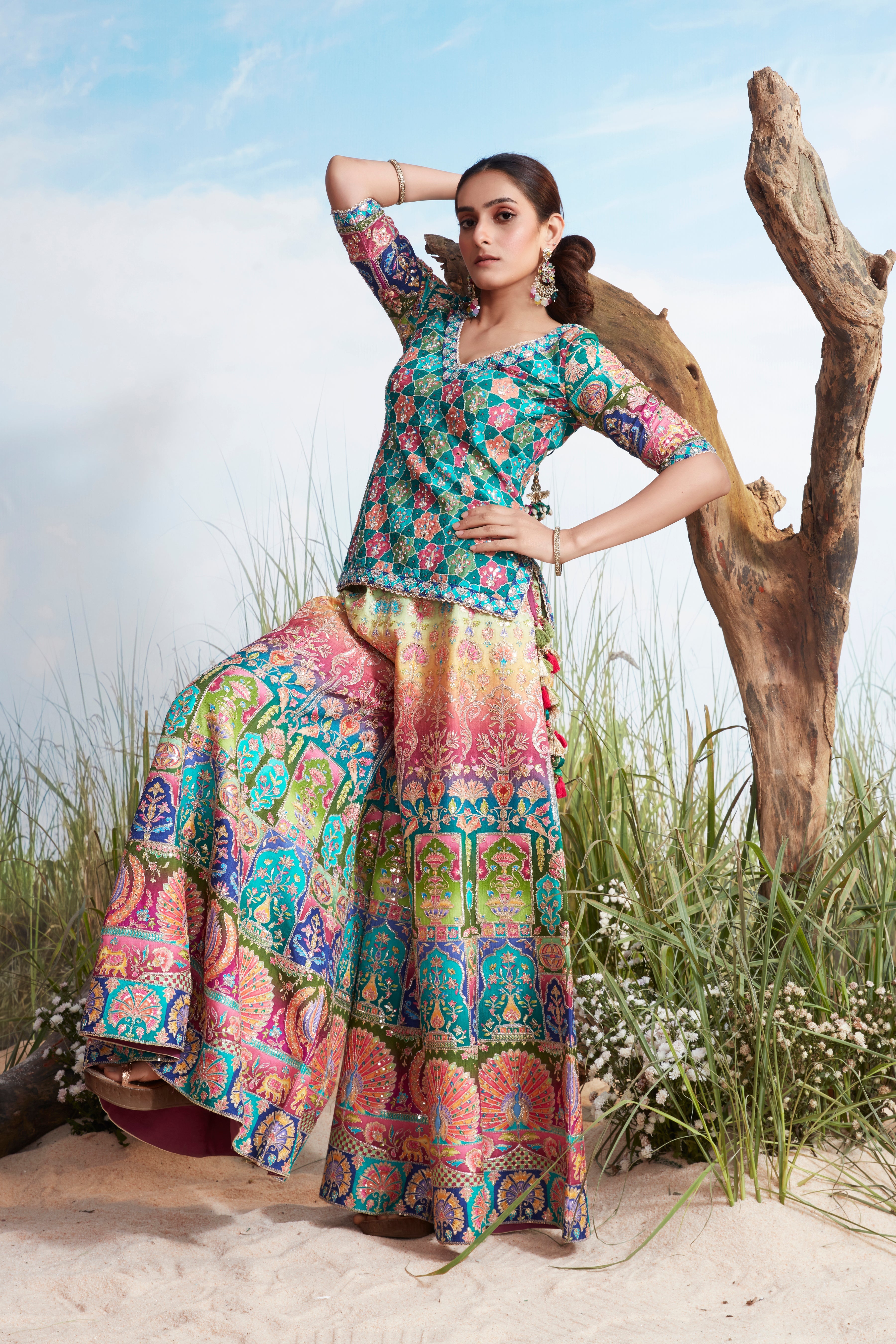 Multi-Color Embellished Premium Silk Palazzo Set