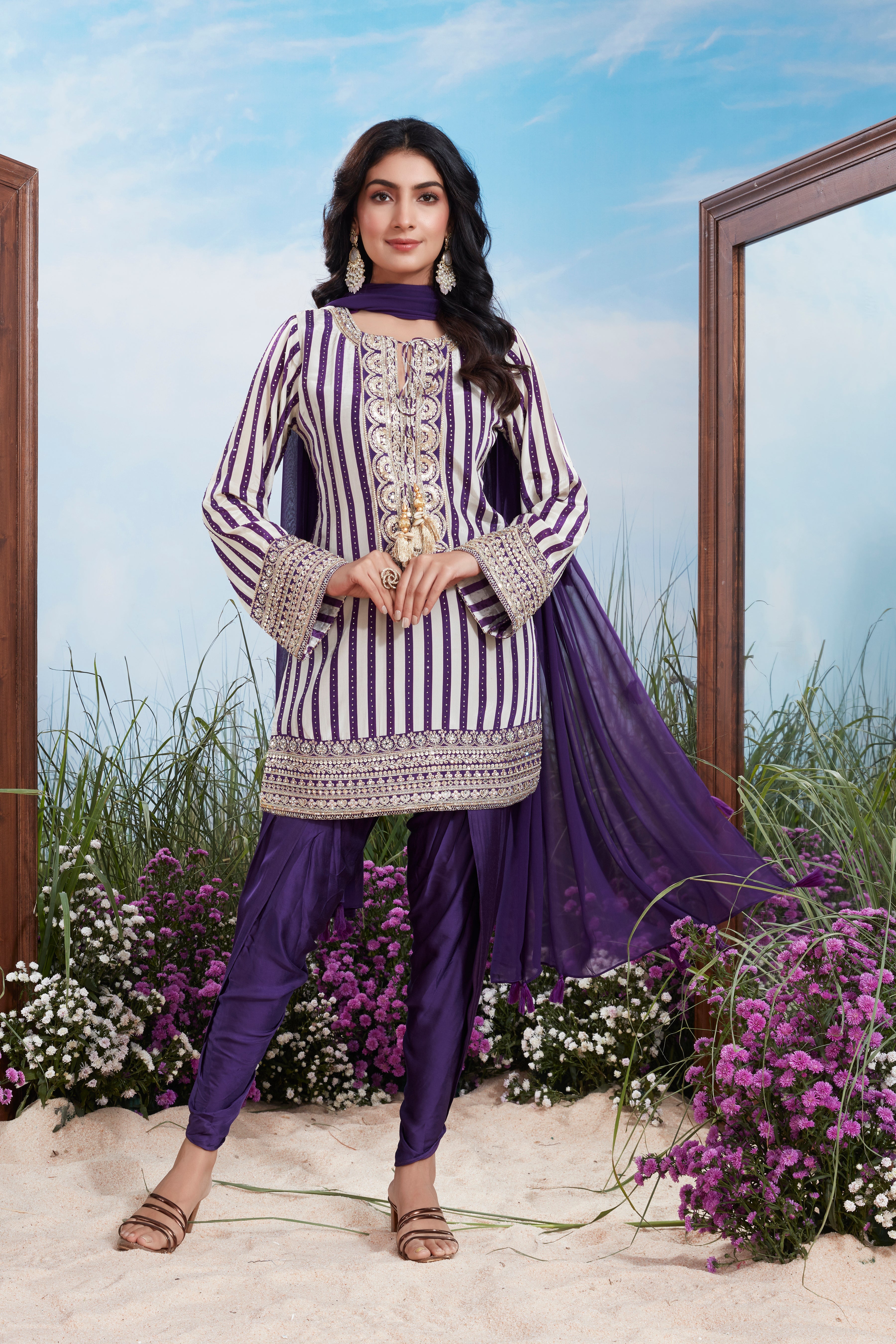 Royal Purple Striped Premium Silk Pant Set