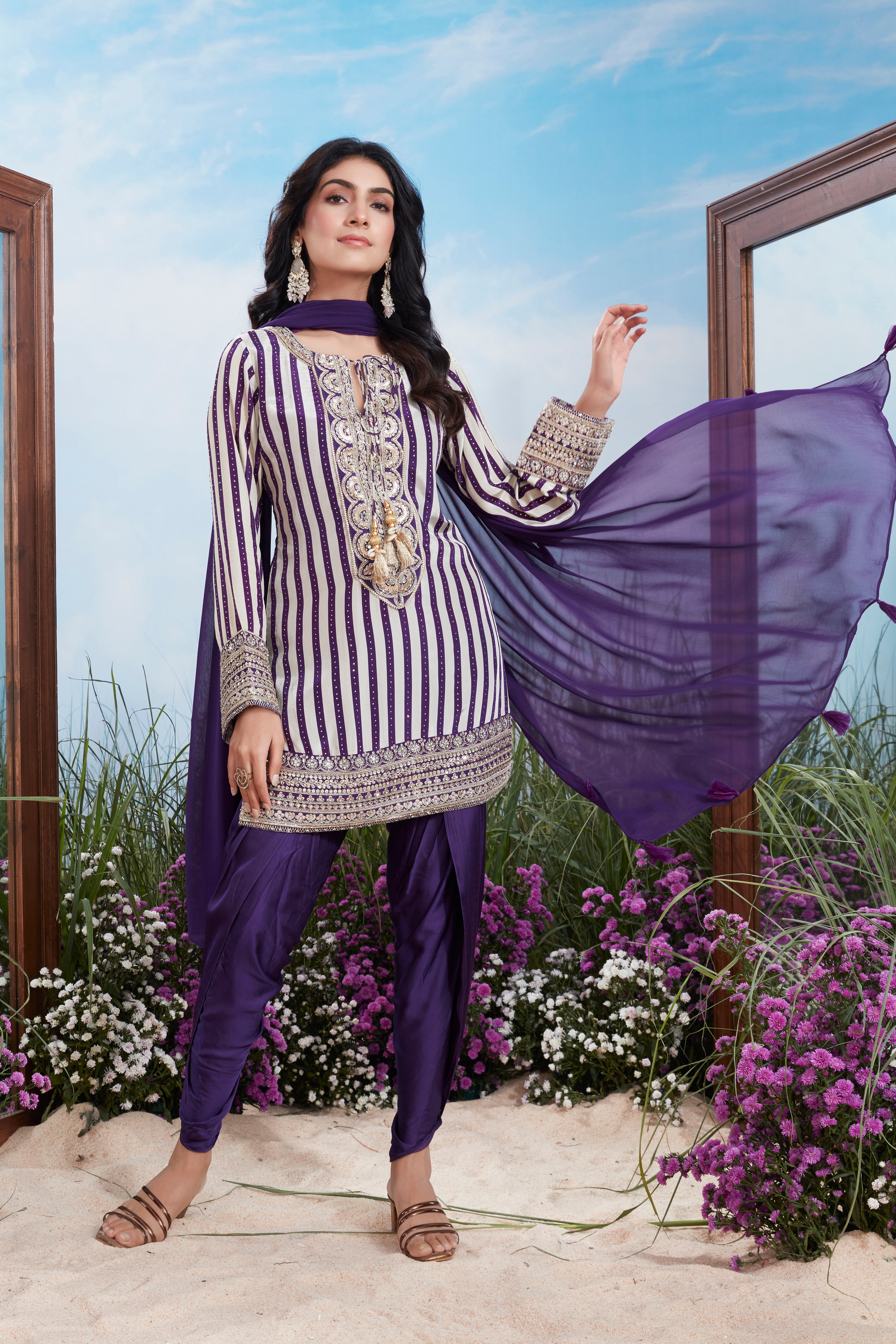 Royal Purple Striped Premium Silk Pant Set