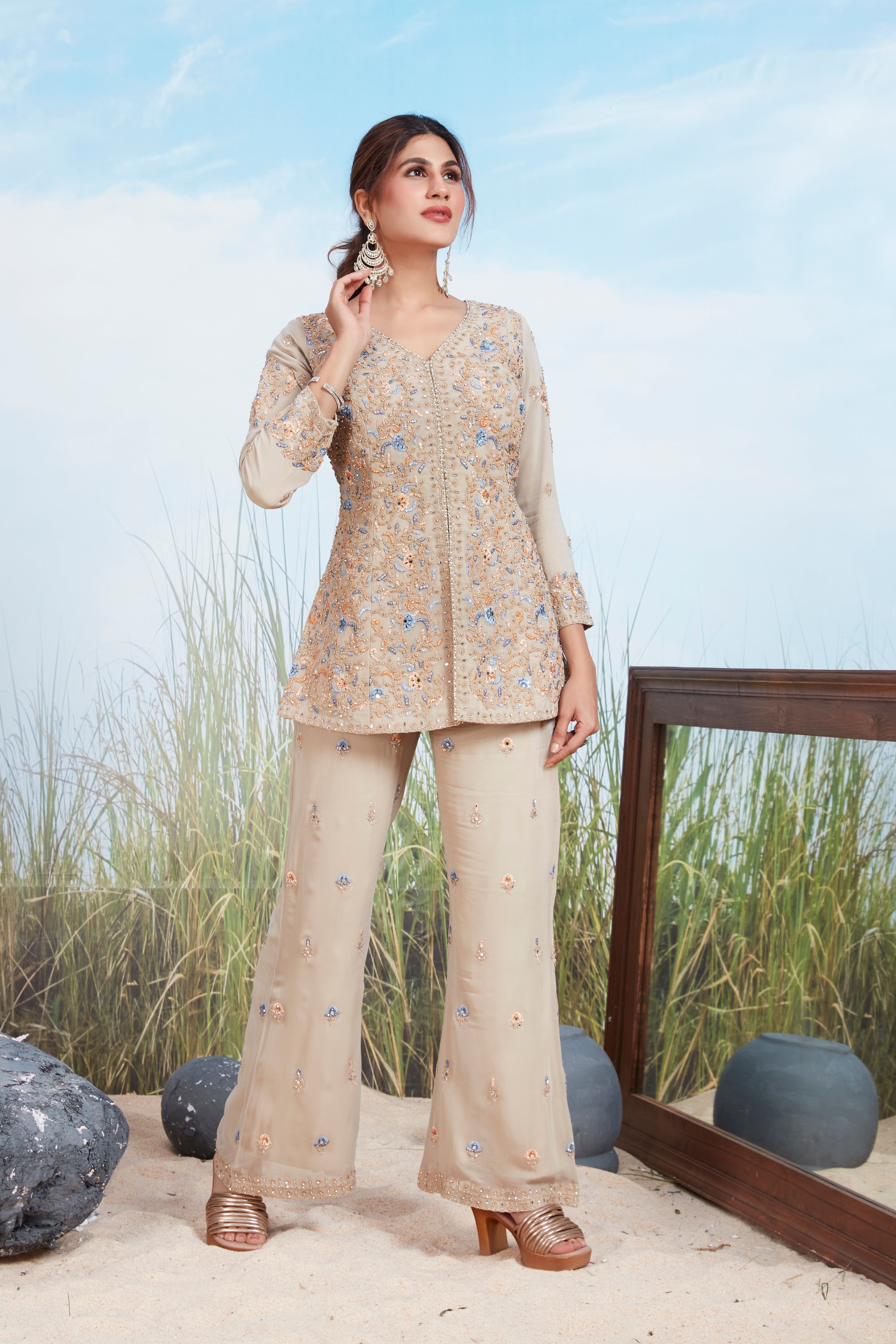 Champagne Beige Embroidered Georgette Silk Co-Ord Set