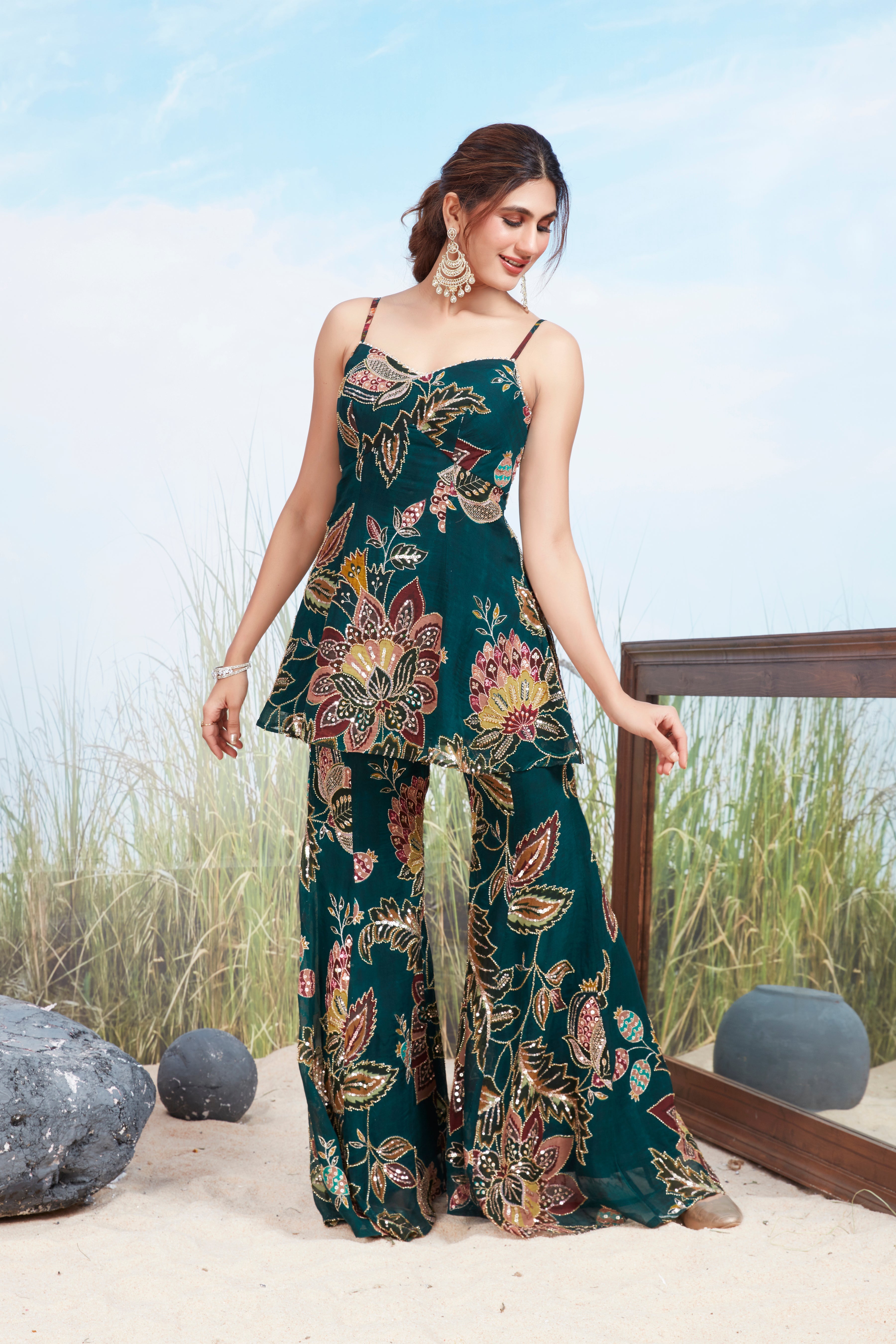 Teal Blue Embellished Georgette Silk Palazzo Set