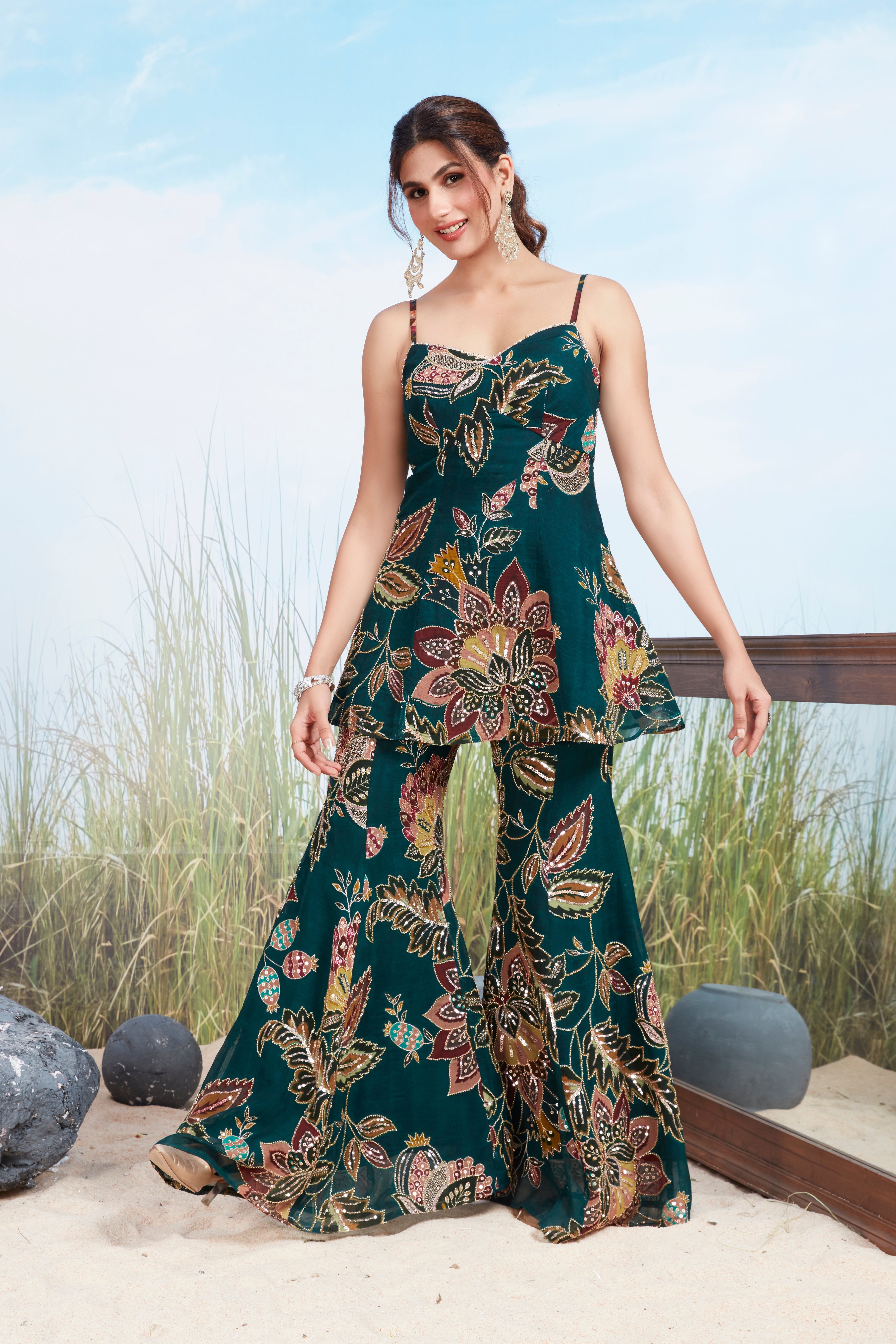 Teal Blue Embellished Georgette Silk Palazzo Set