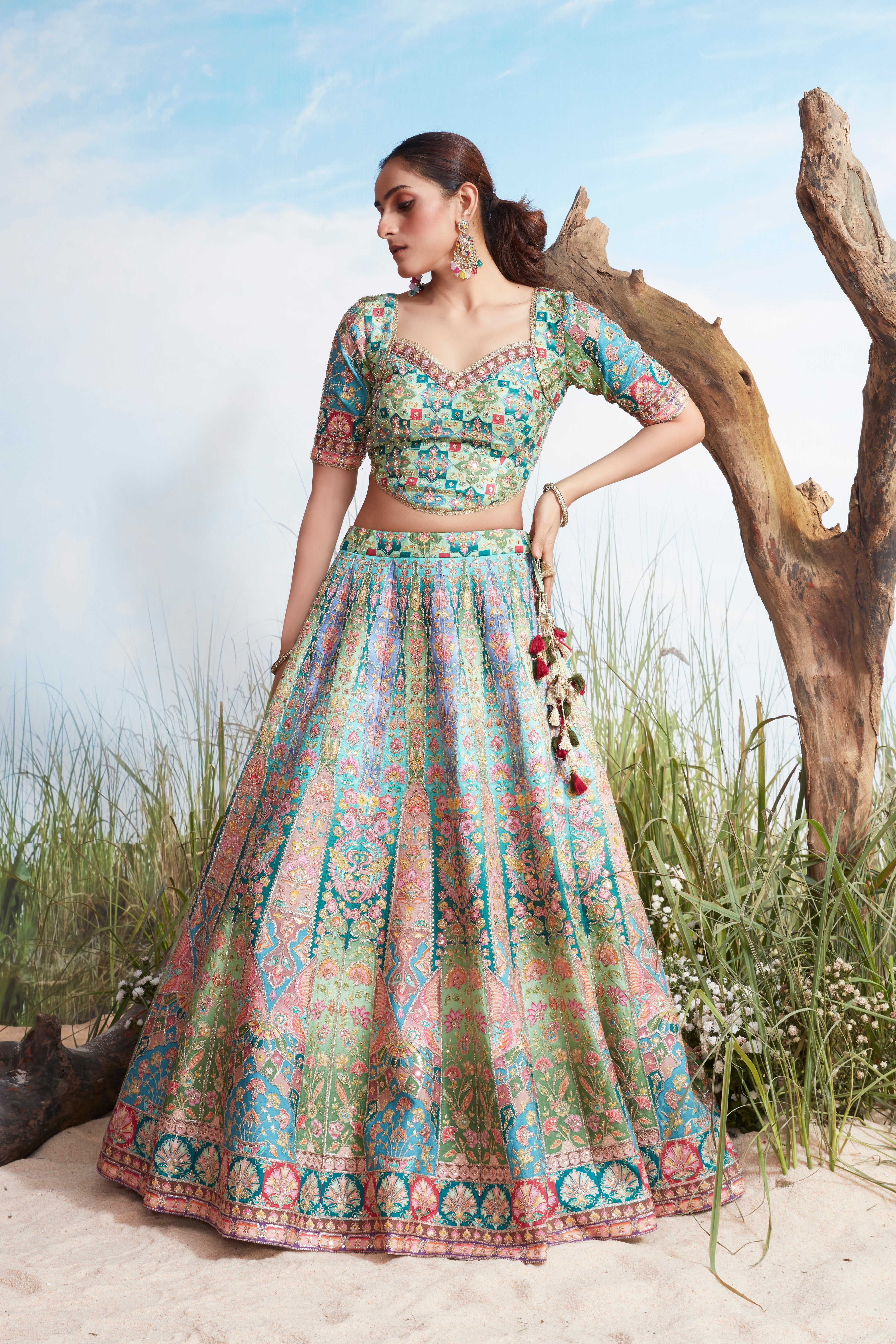 Mint Embellished Premium Silk Lehenga Set