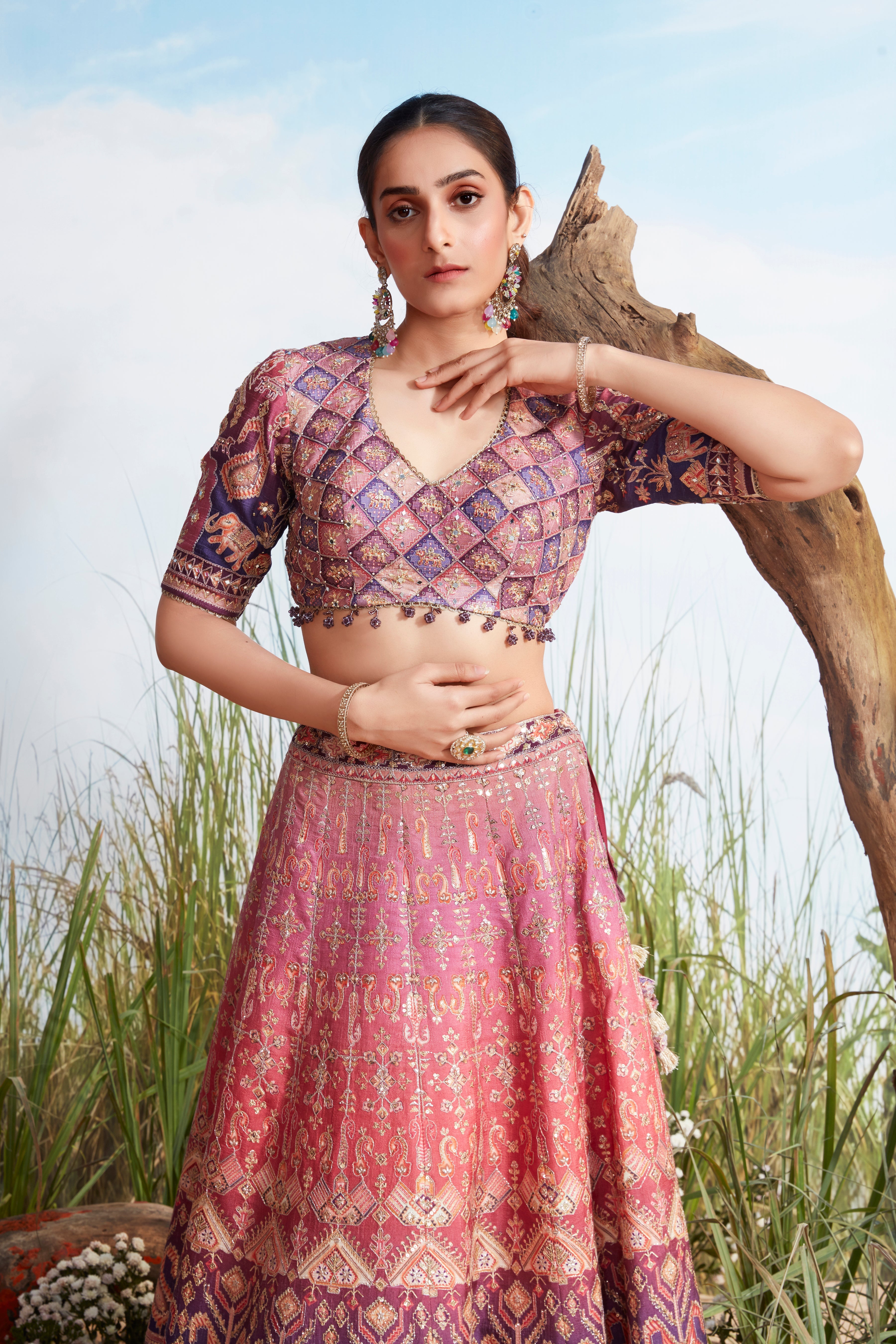 Dual-Shade Multi-Print Premium Silk Lehenga Set