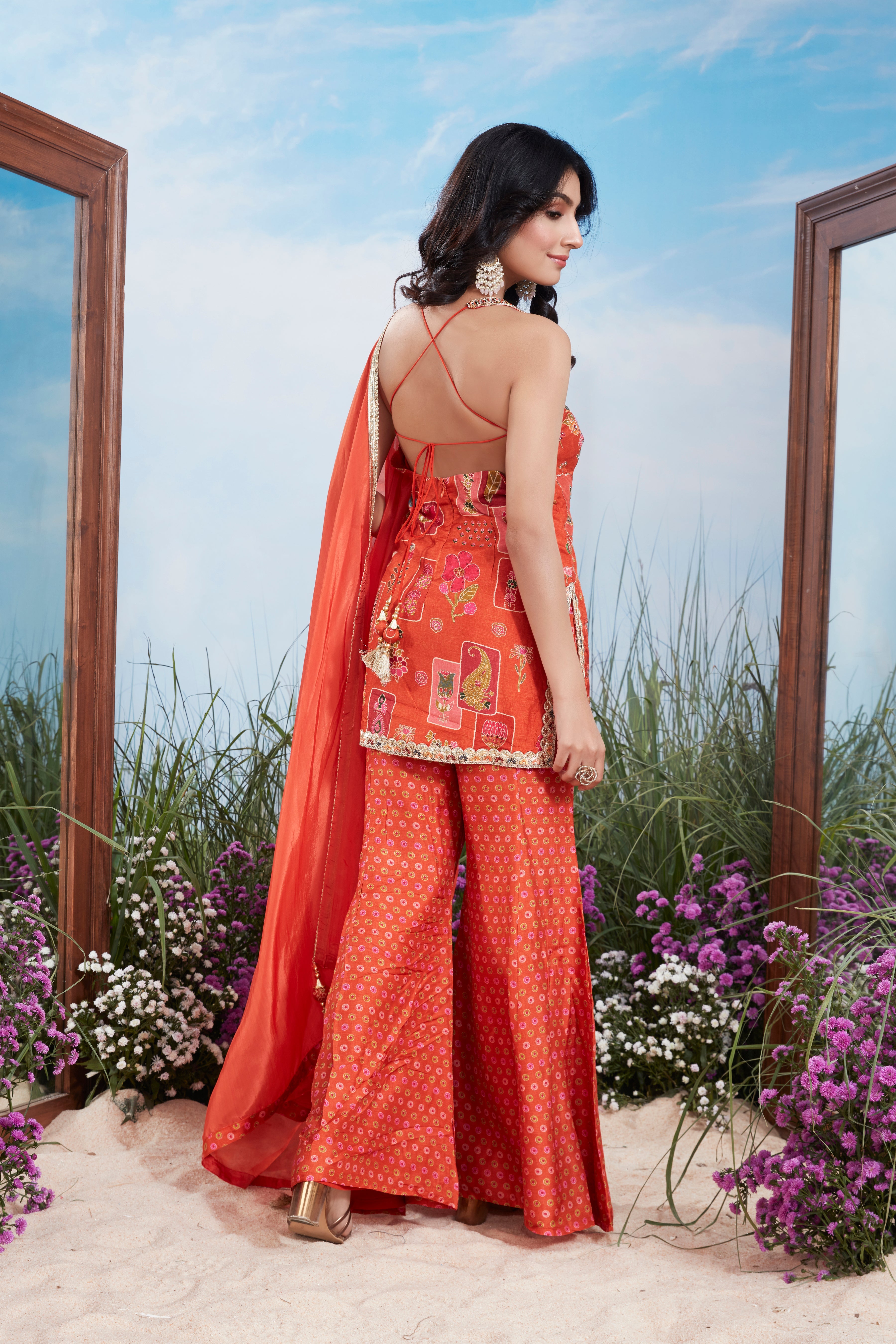 Festive Orange Multi-Print Premium Silk Palazzo Set
