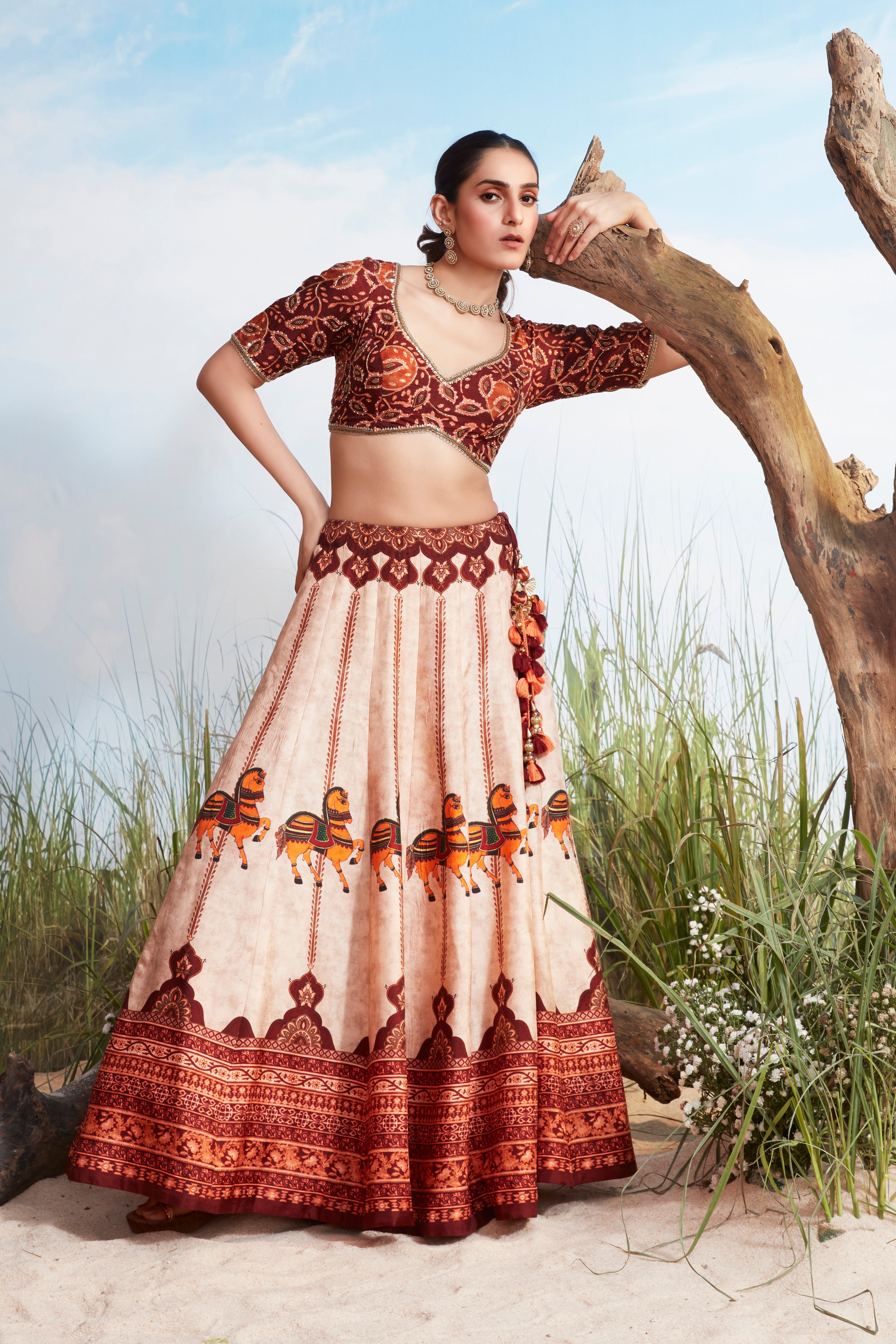 Crepe Pink Printed Raw Silk Lehenga Set