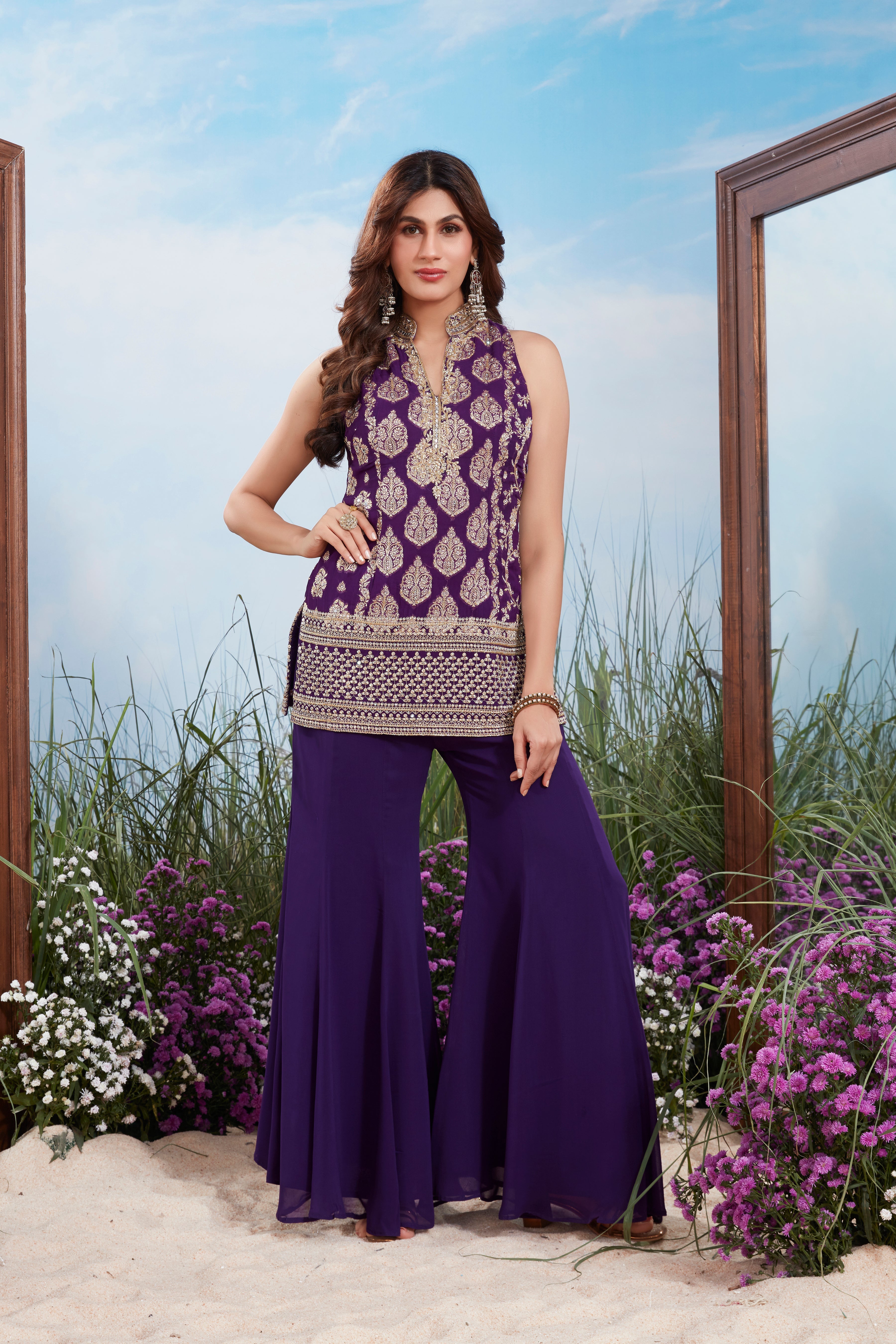 Regal Purple Embroidered Brocade Silk Palazzo Set