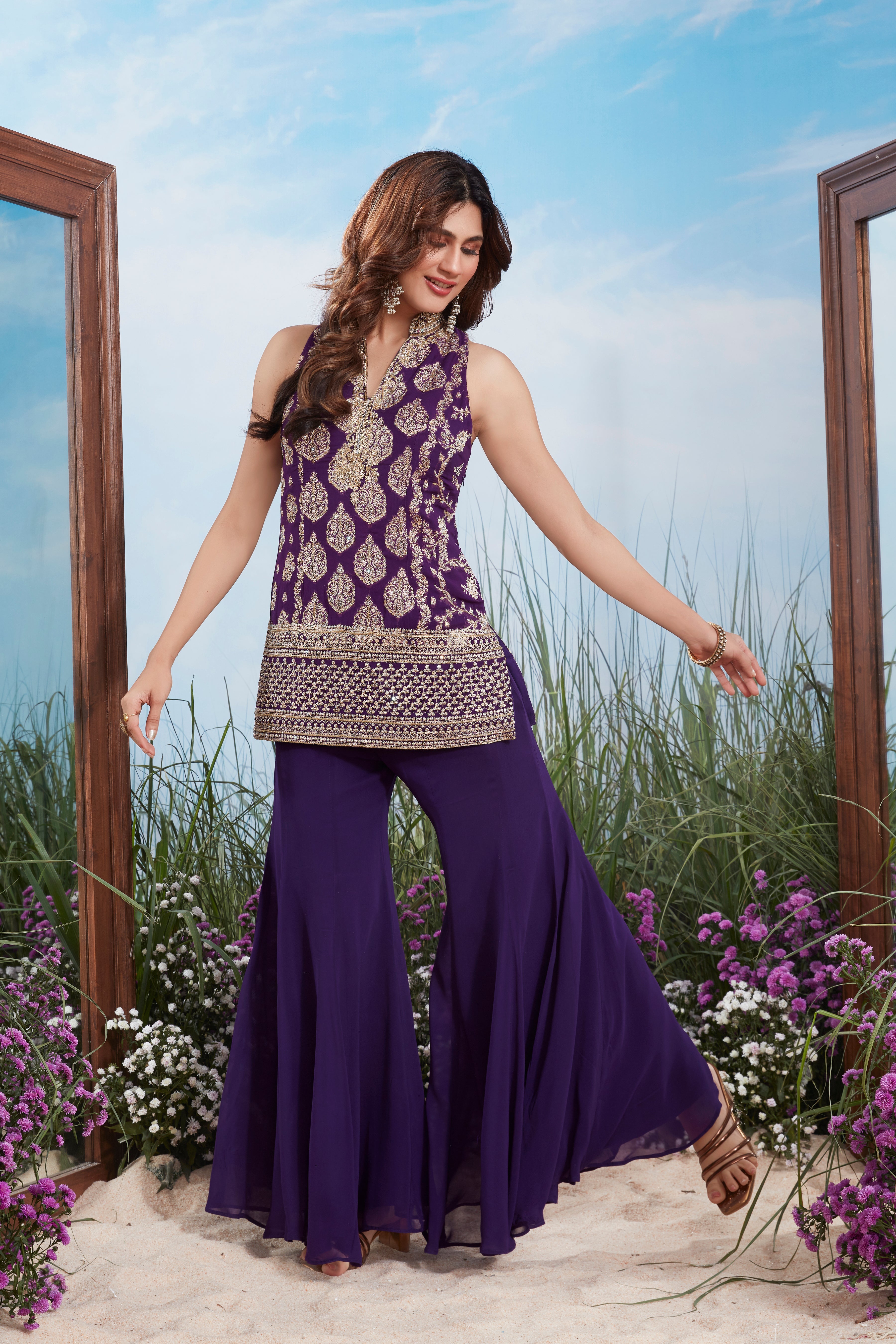 Regal Purple Embroidered Brocade Silk Palazzo Set