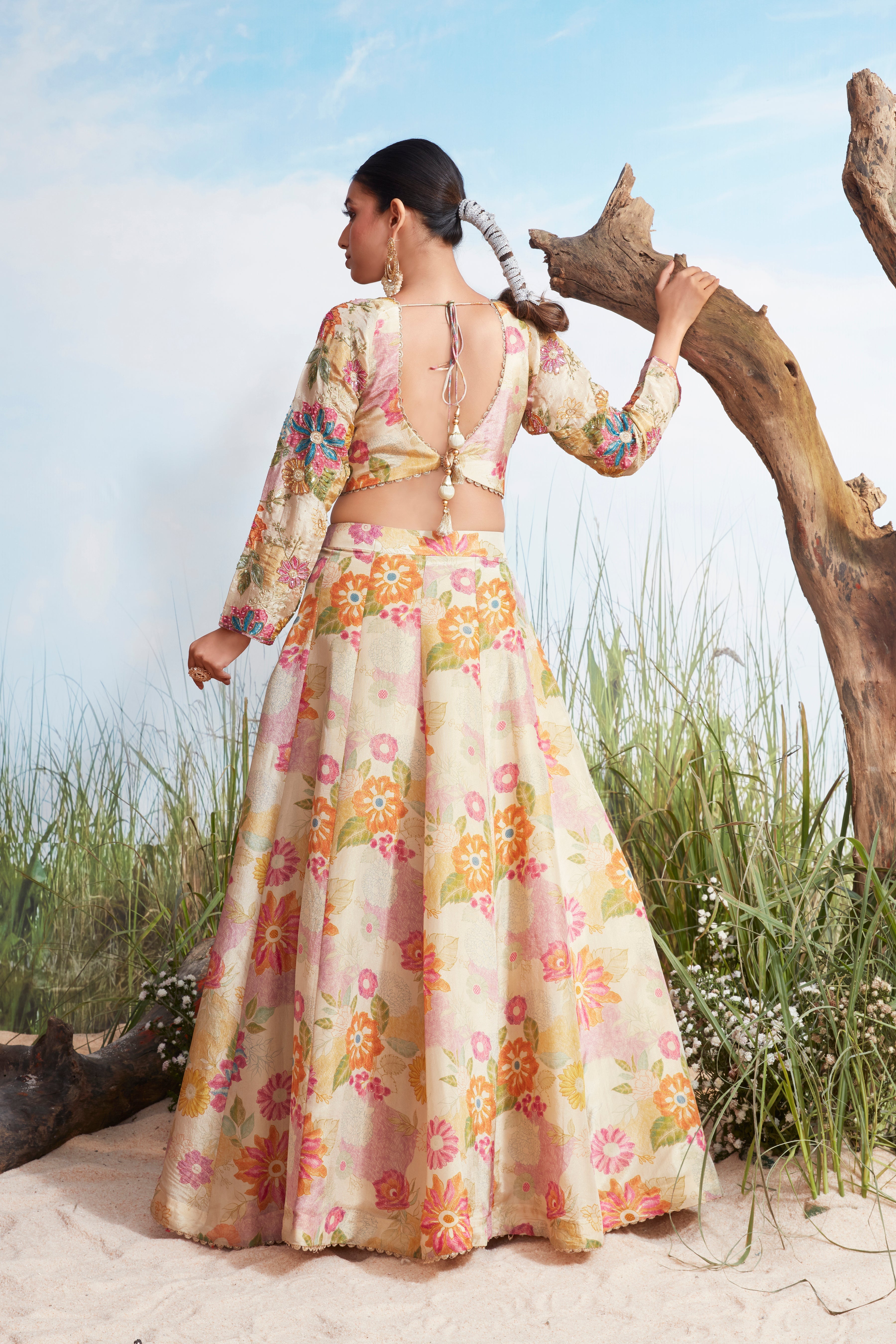 Ivory Floral Printed Chinon Silk Lehenga Set