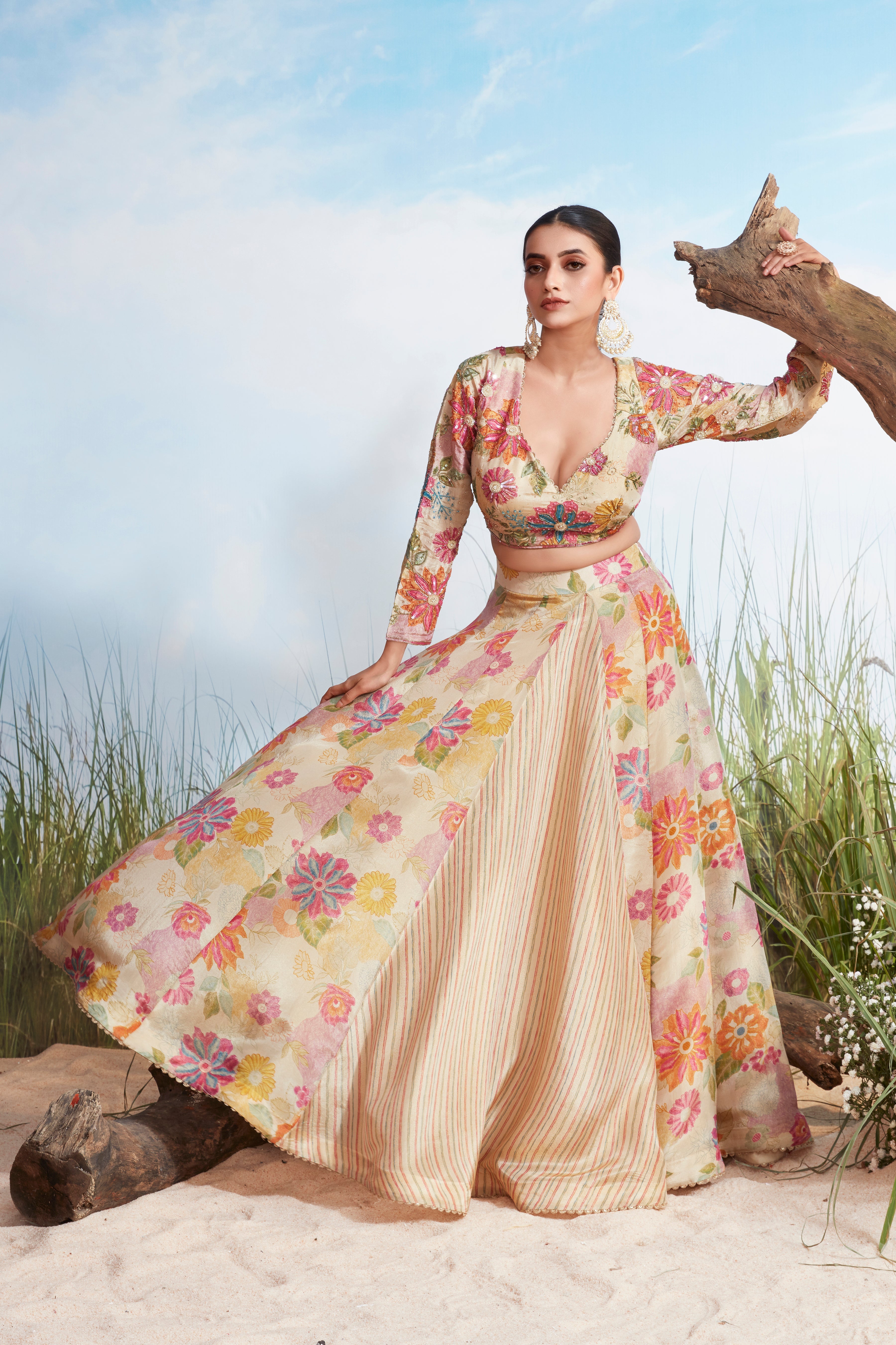 Ivory Floral Printed Chinon Silk Lehenga Set