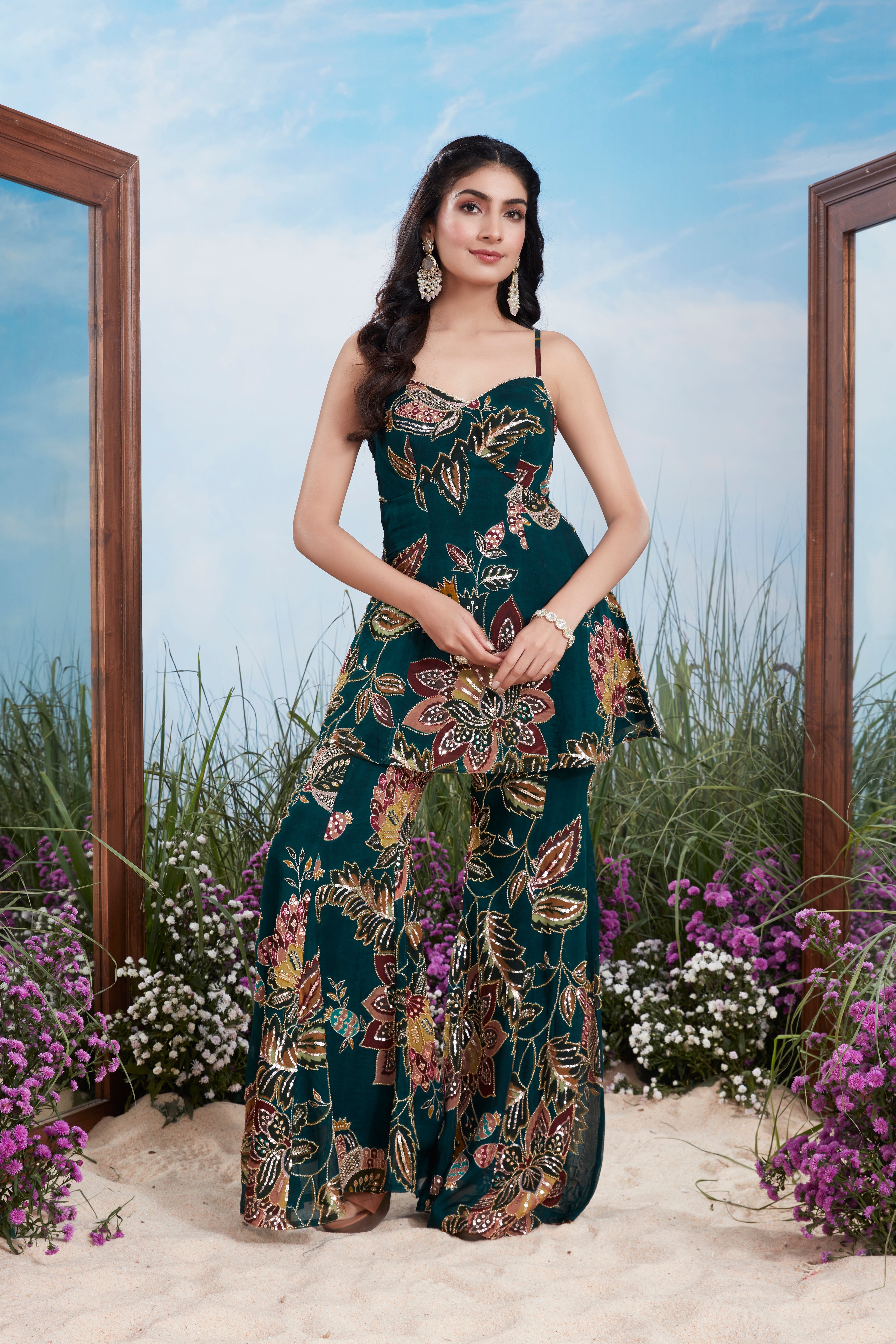 Teal Green Embellished Georgette Silk Palazzo Set