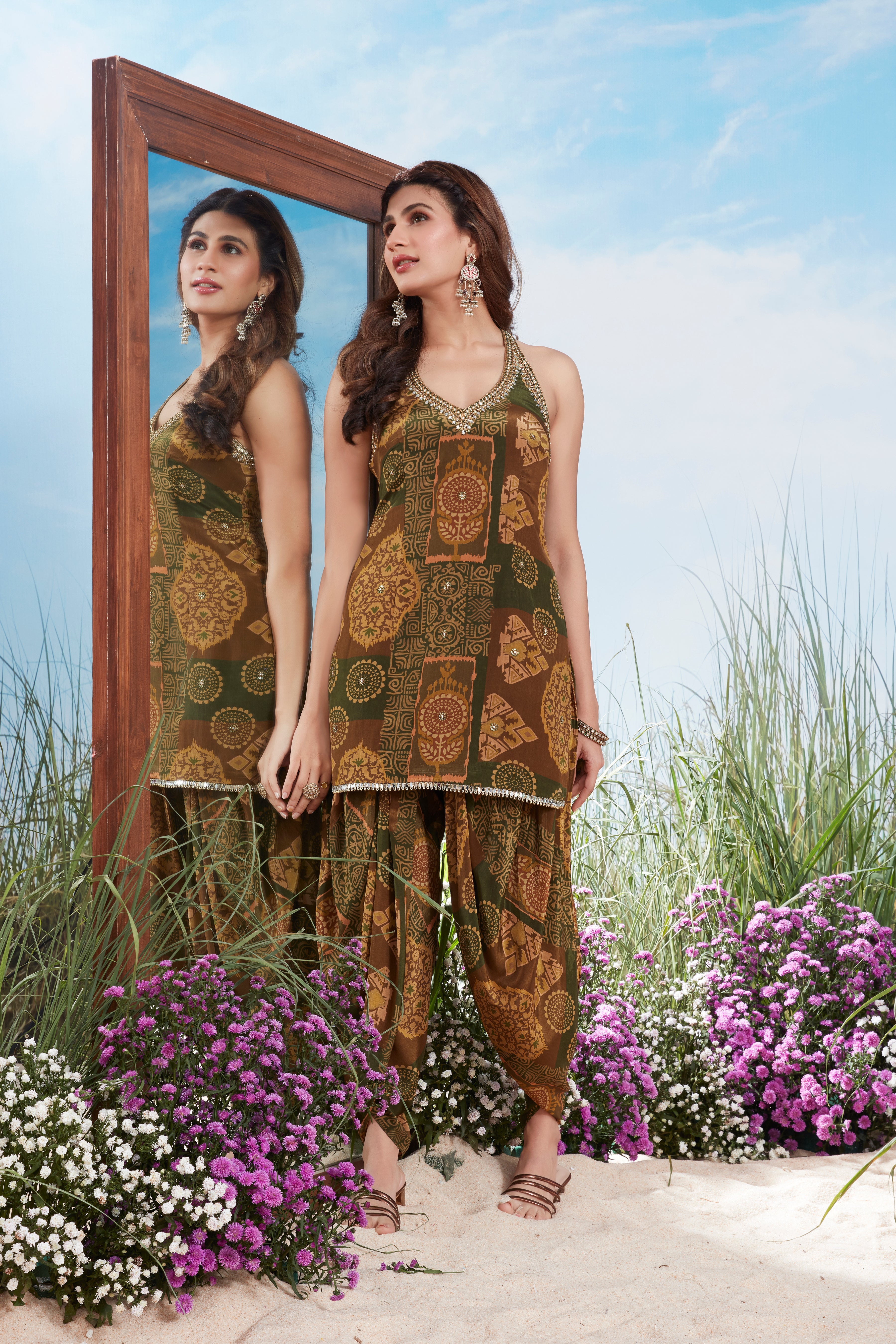 Earthy-Toned Printed Muslin Silk Dhoti Set