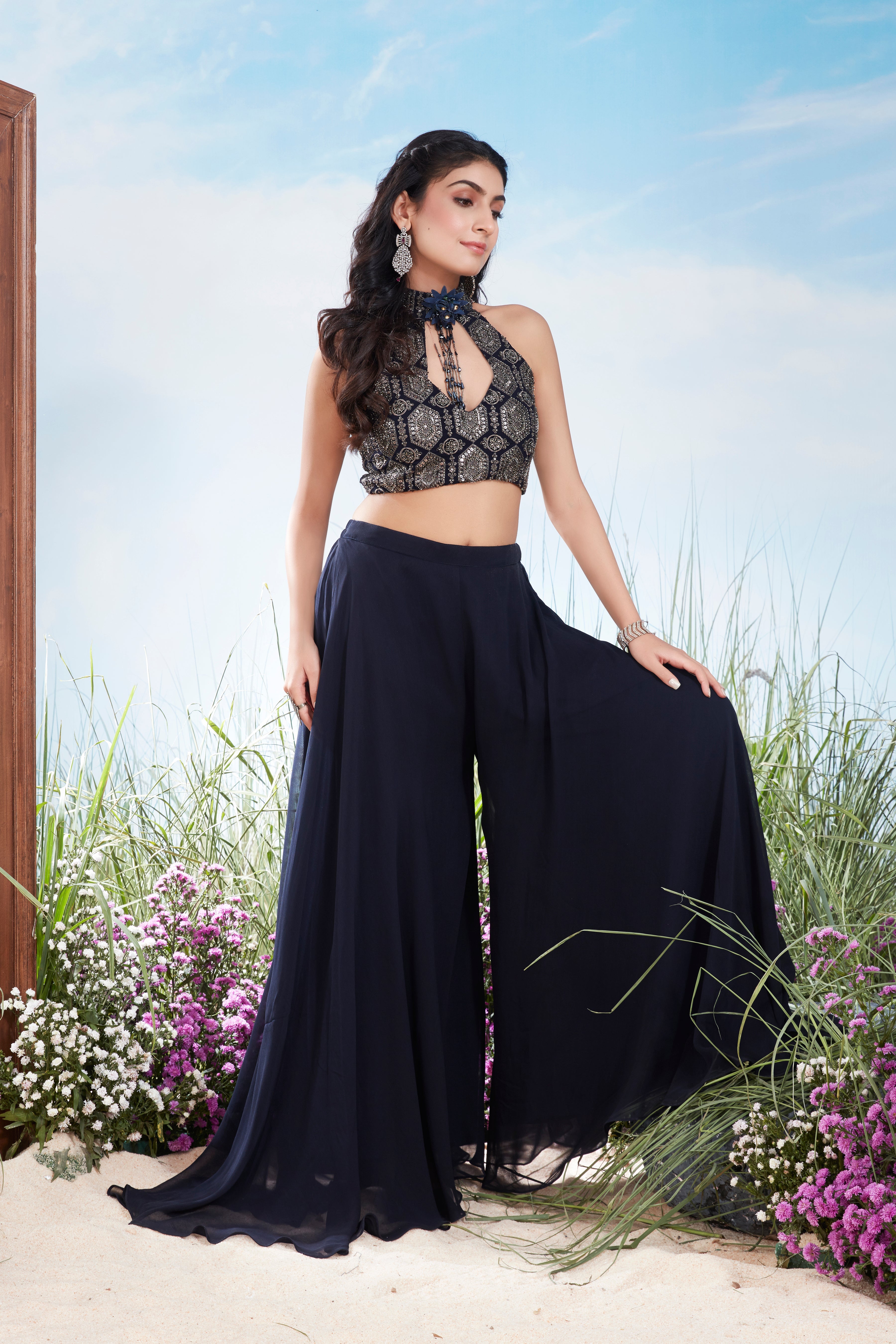 Navy Blue Embellished Georgette Silk Palazzo Set