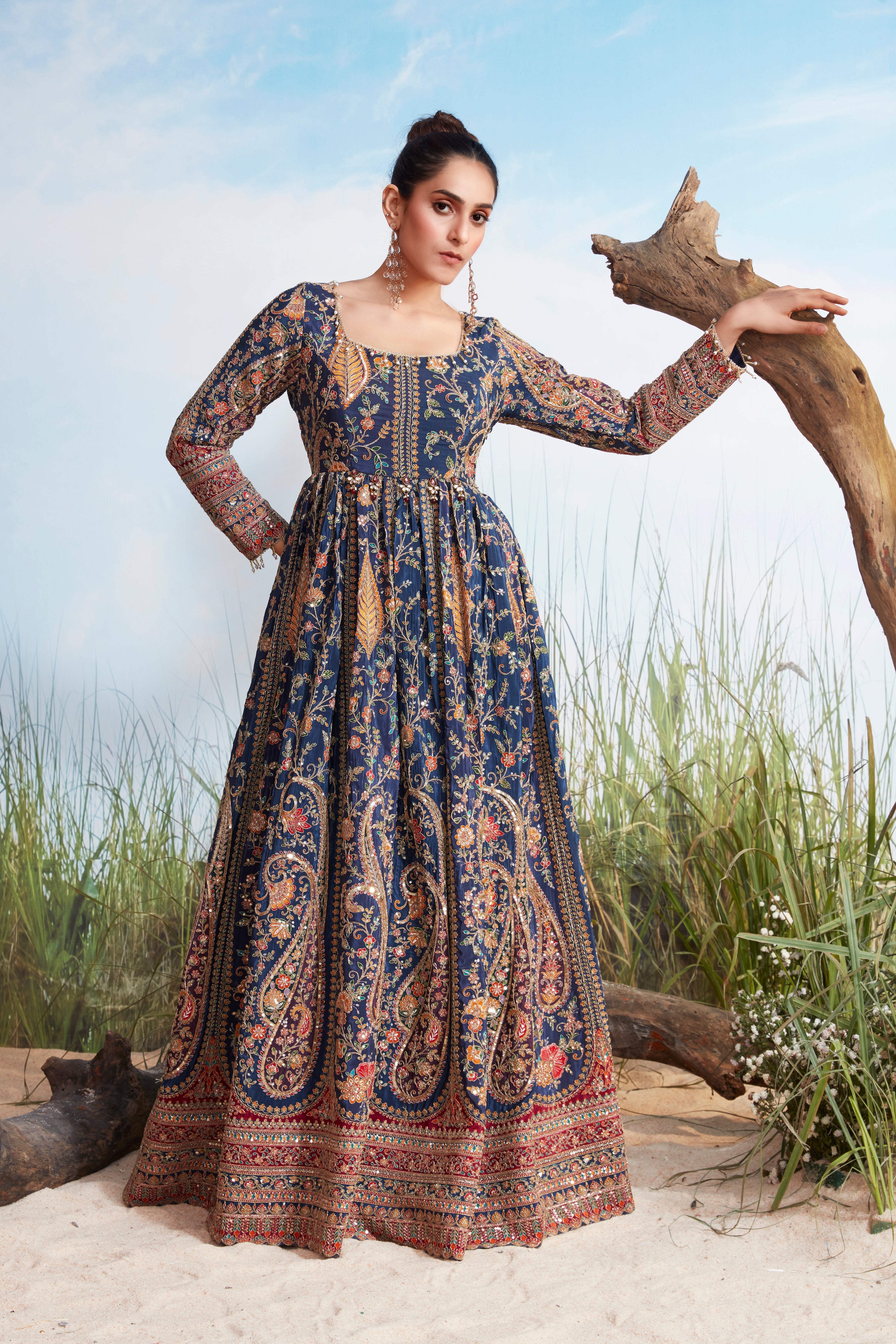 Royal Blue Embellished Chinon Silk Anarkali Gown