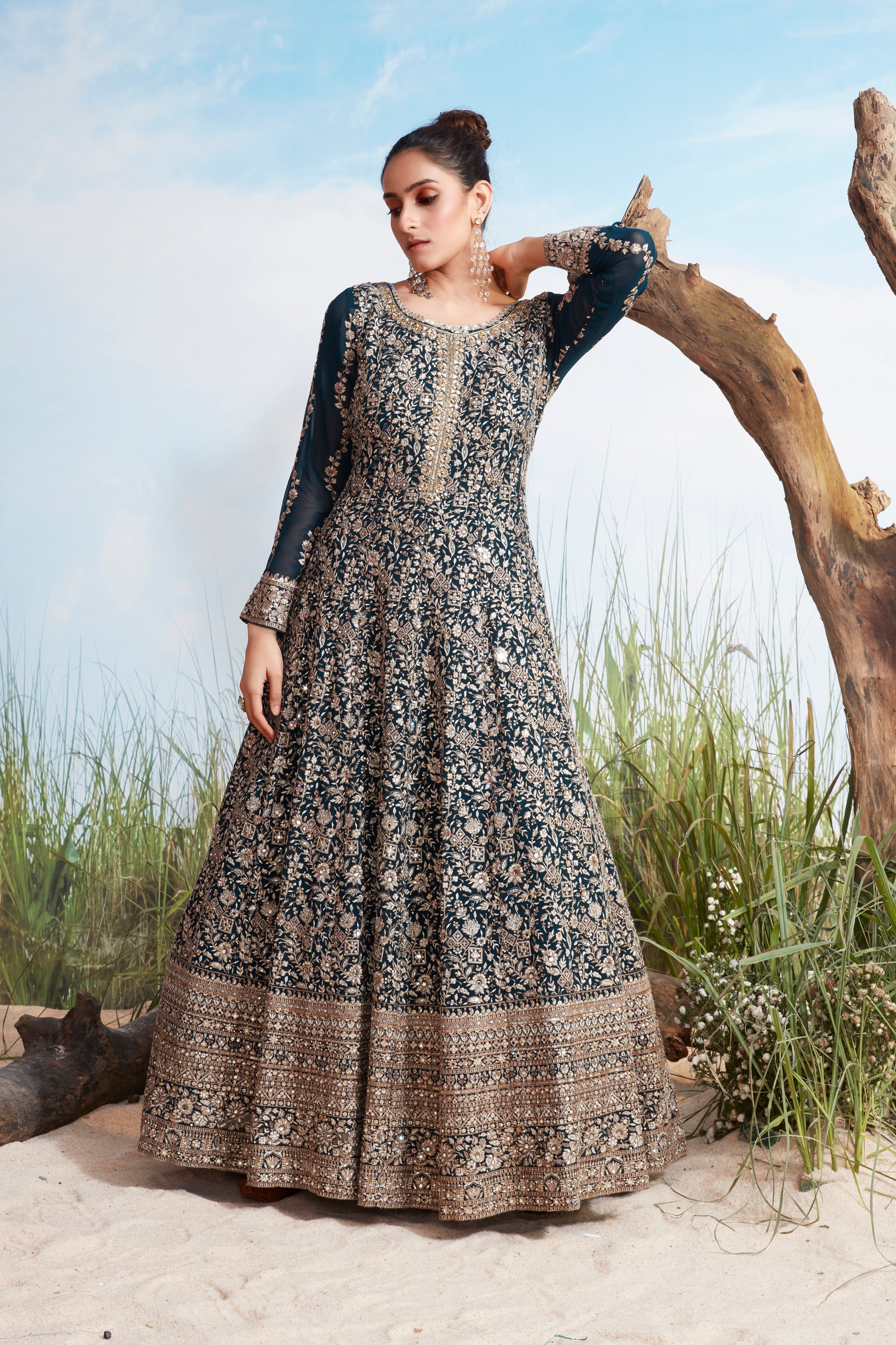 Midnight Blue Embellished Chinon Silk Anarkali Gown