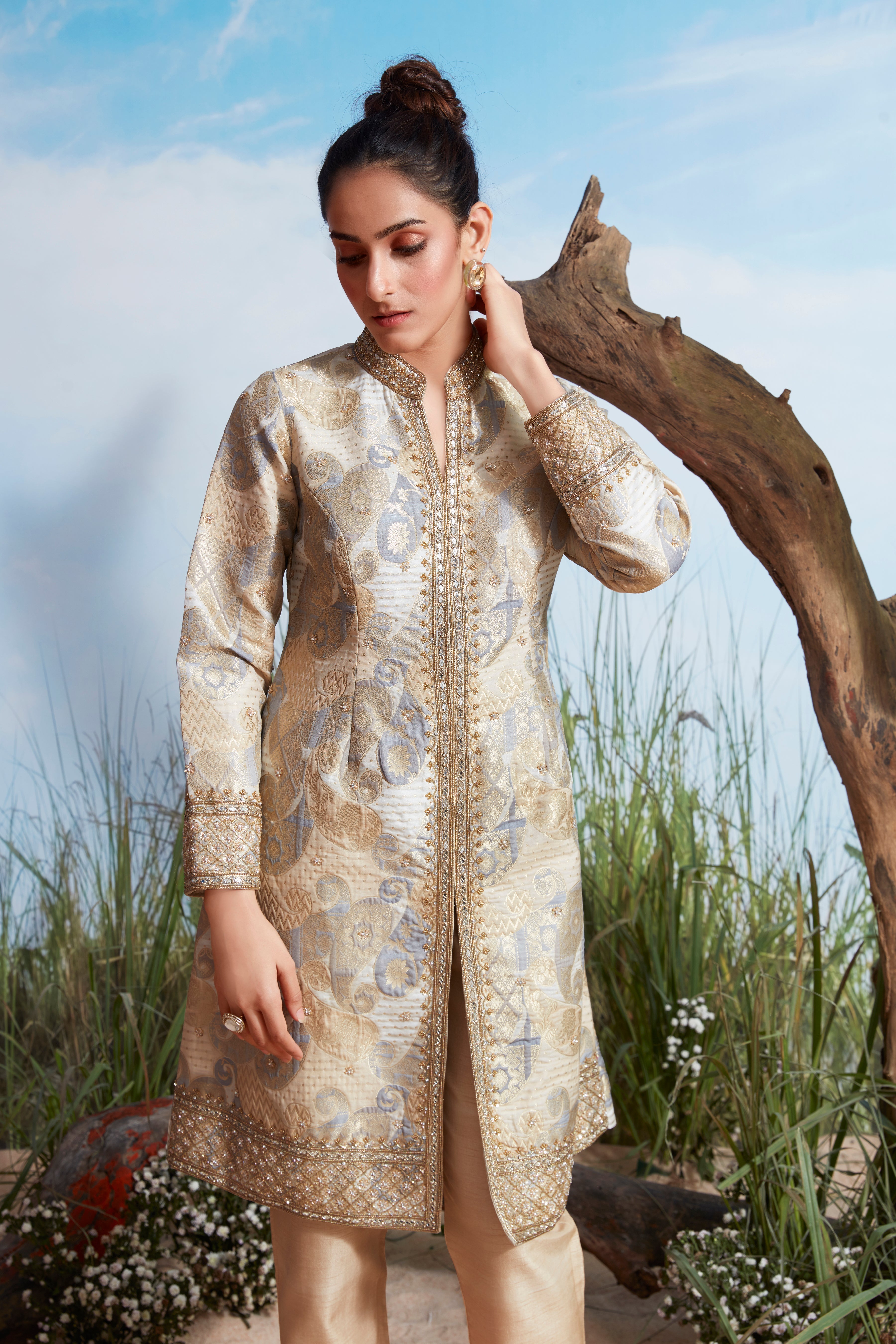 Off-White Embellished Brocade Silk Kurta Set