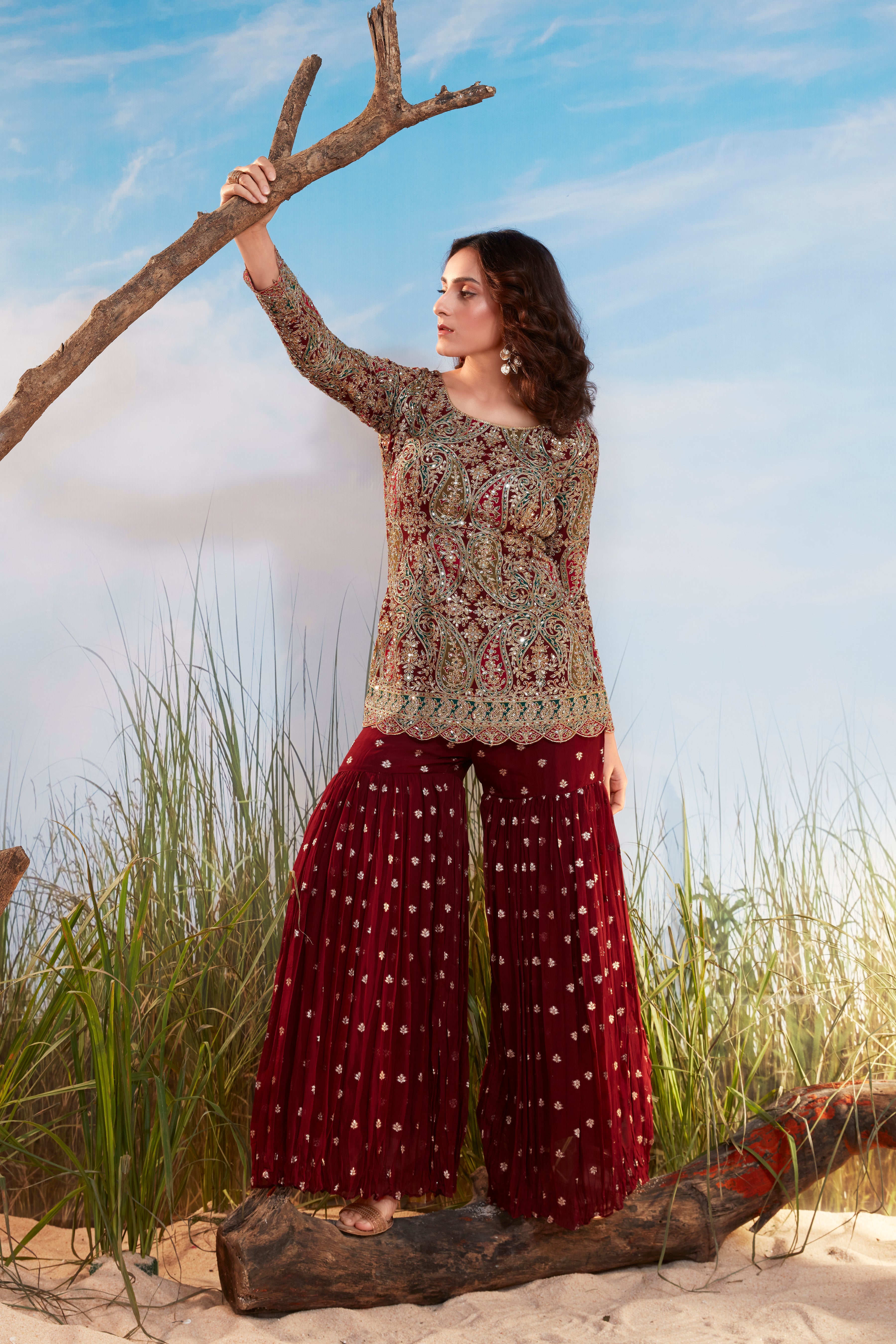 Deep Maroon Embellished Georgette Silk Sharara Set