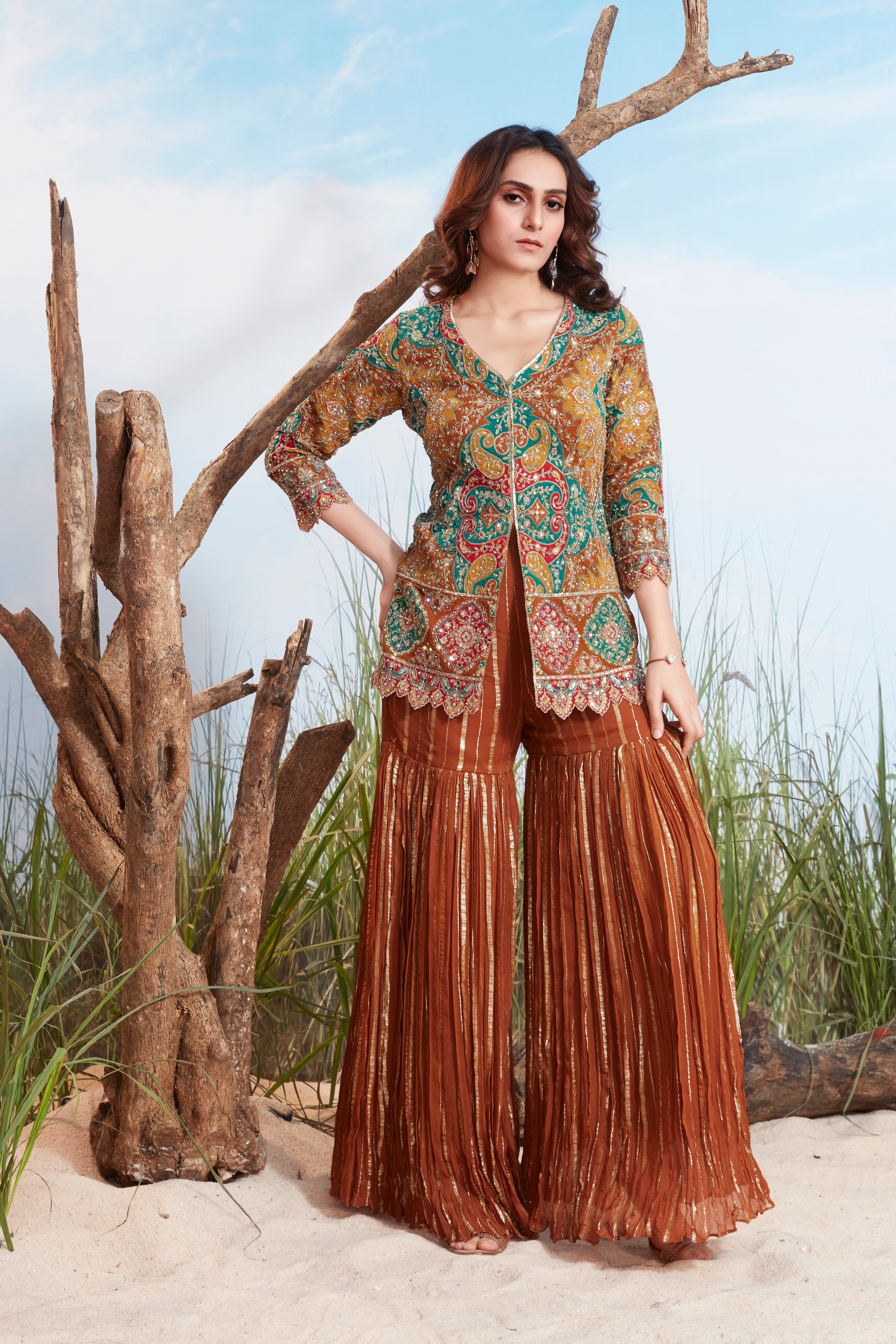 Bronze Orange Embellished Georgette Silk Sharara Set