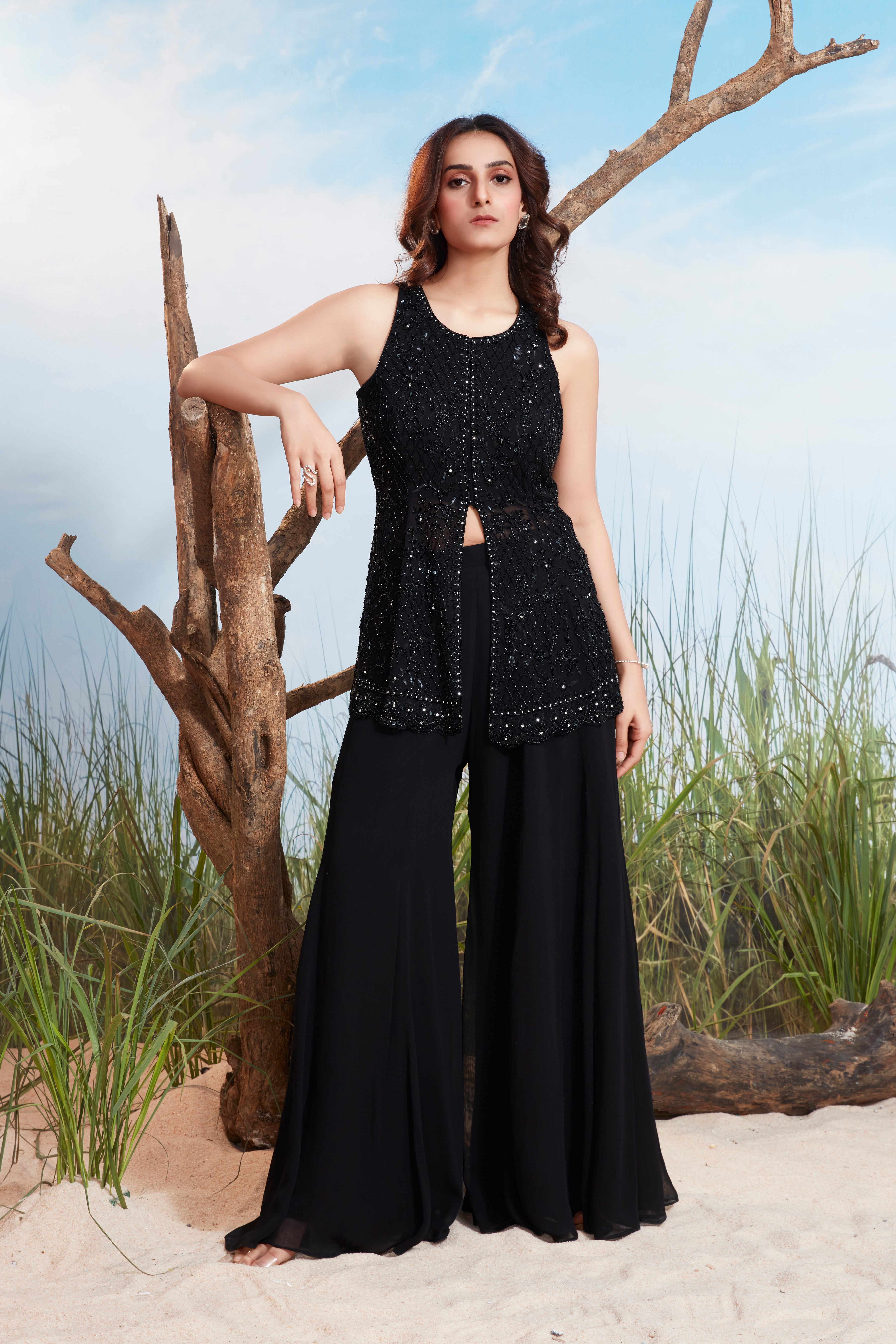 Chic Black Embellished Georgette Silk Palazzo Set
