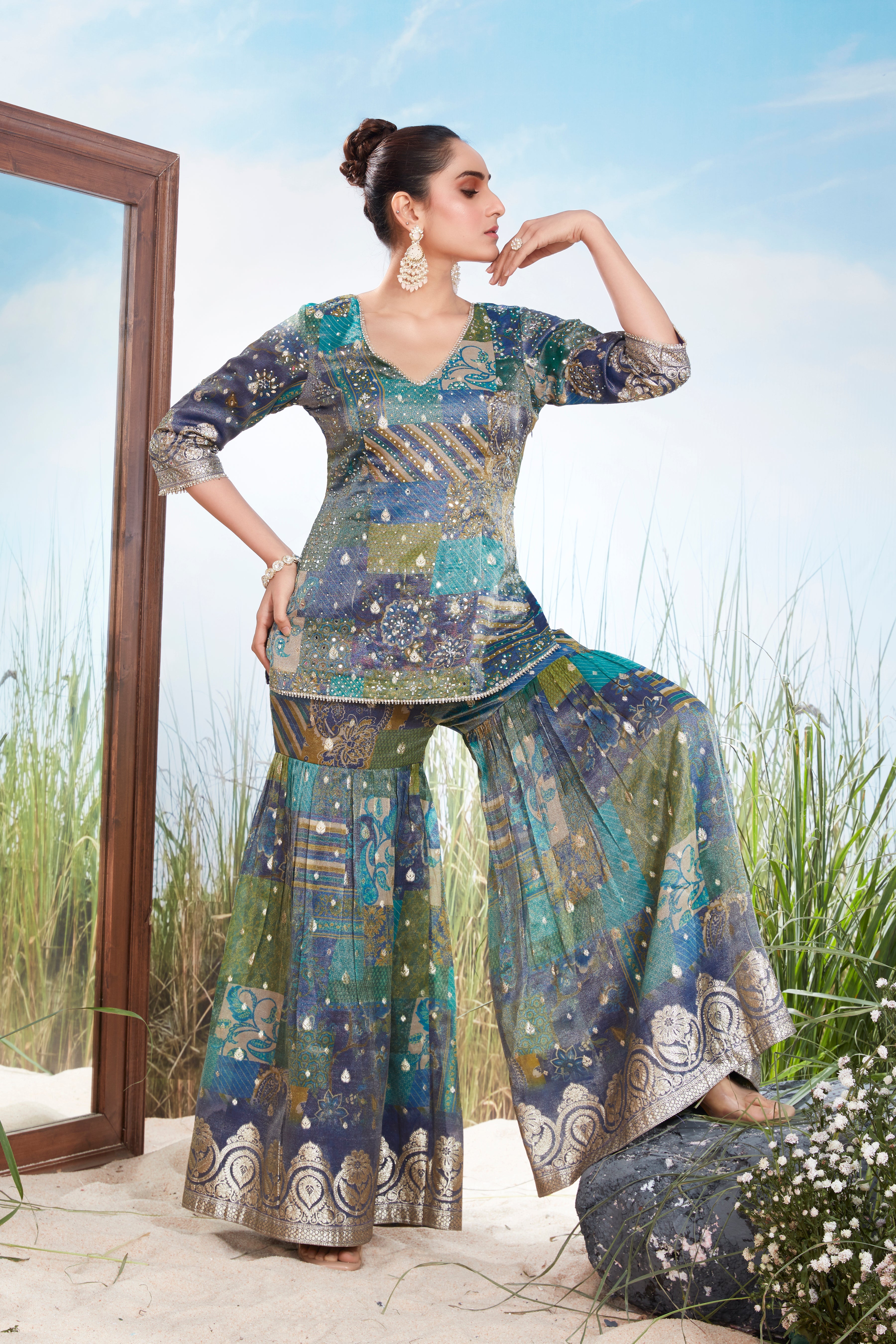 Peacock Blue Embellished Shimmer Tissue Silk Sharara Set