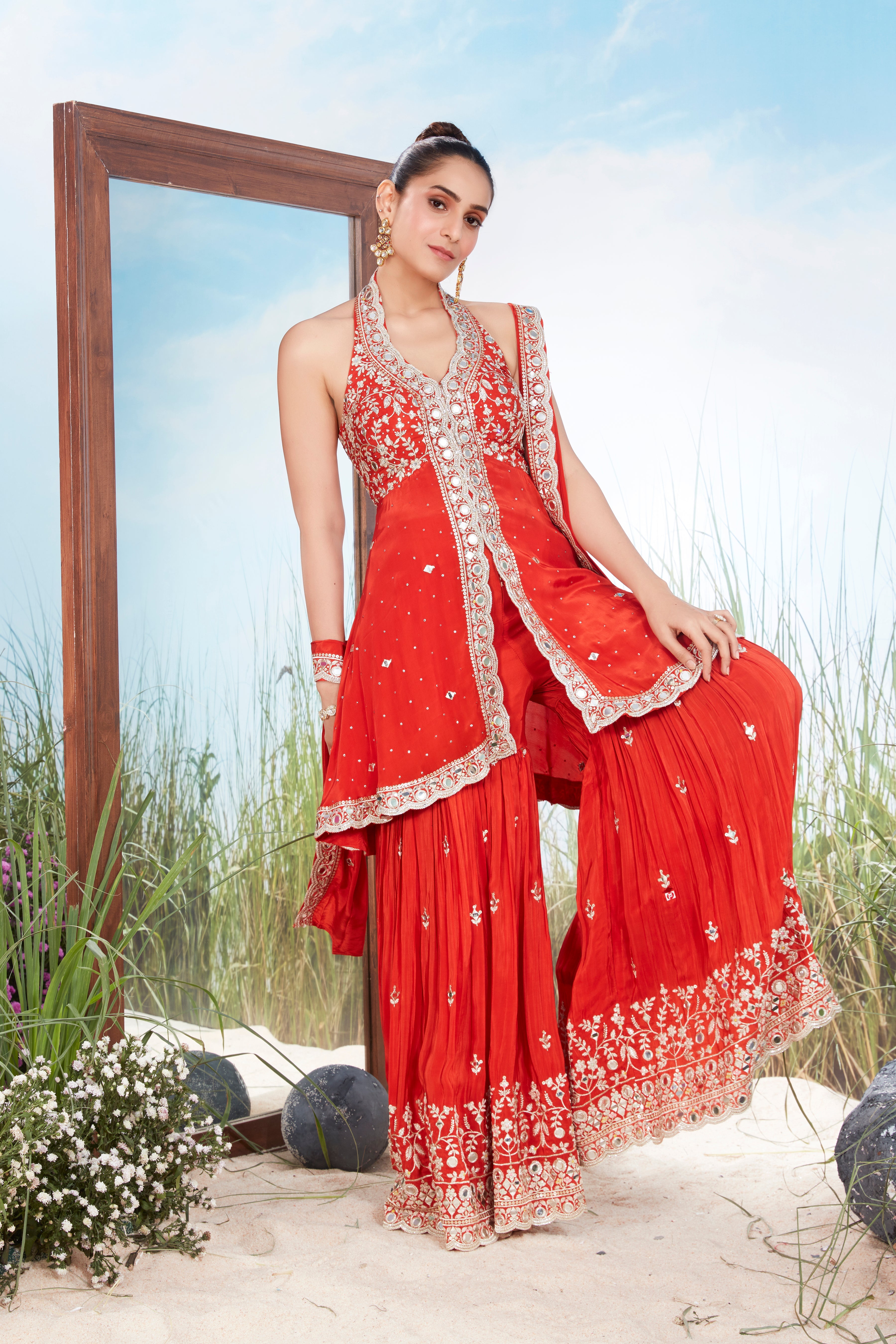 Bright Orange Red Embellished Crepe Silk Sharara Set